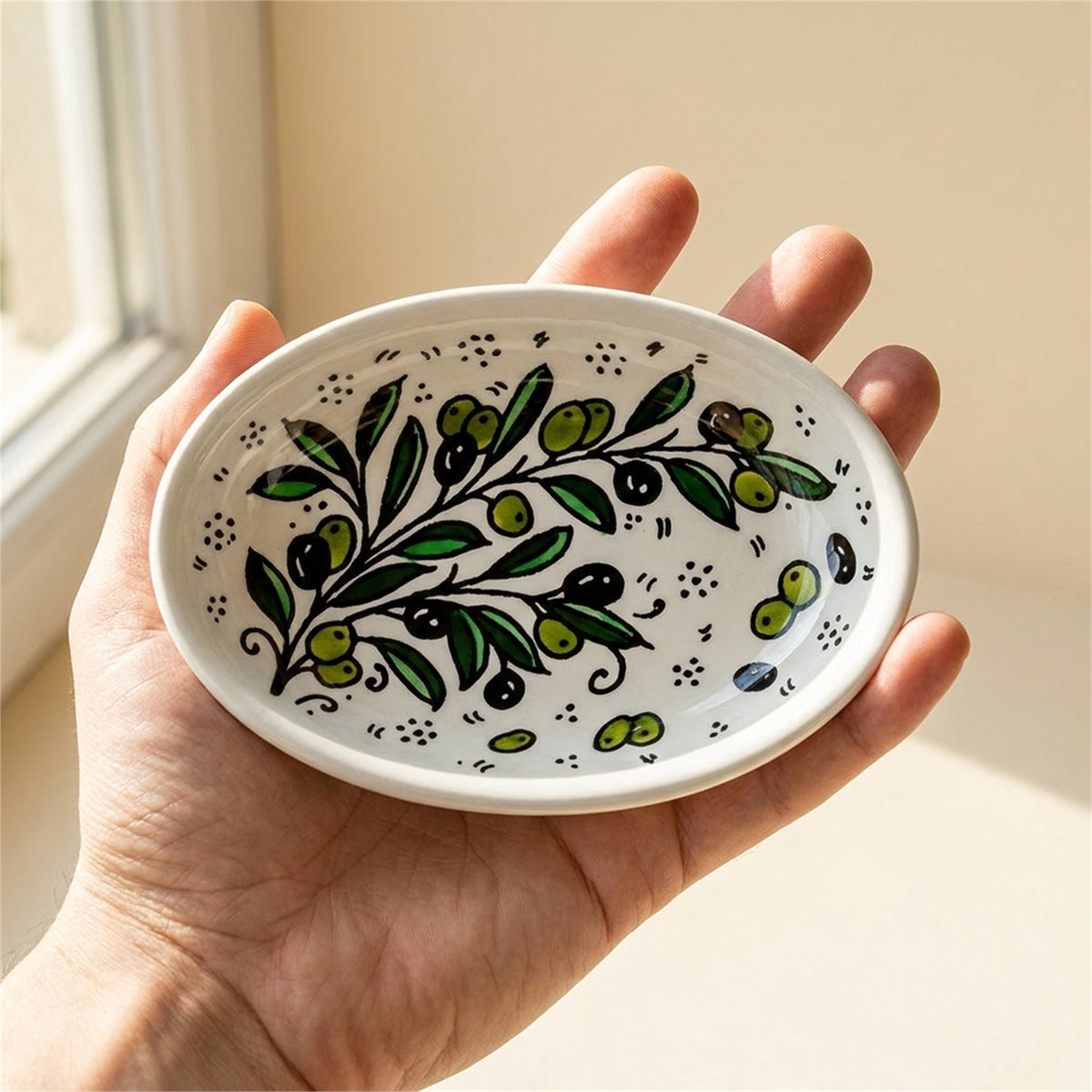 Ceramic Oval Serving Dish 6.69 Inch in Olive Green, held in hands to show scale