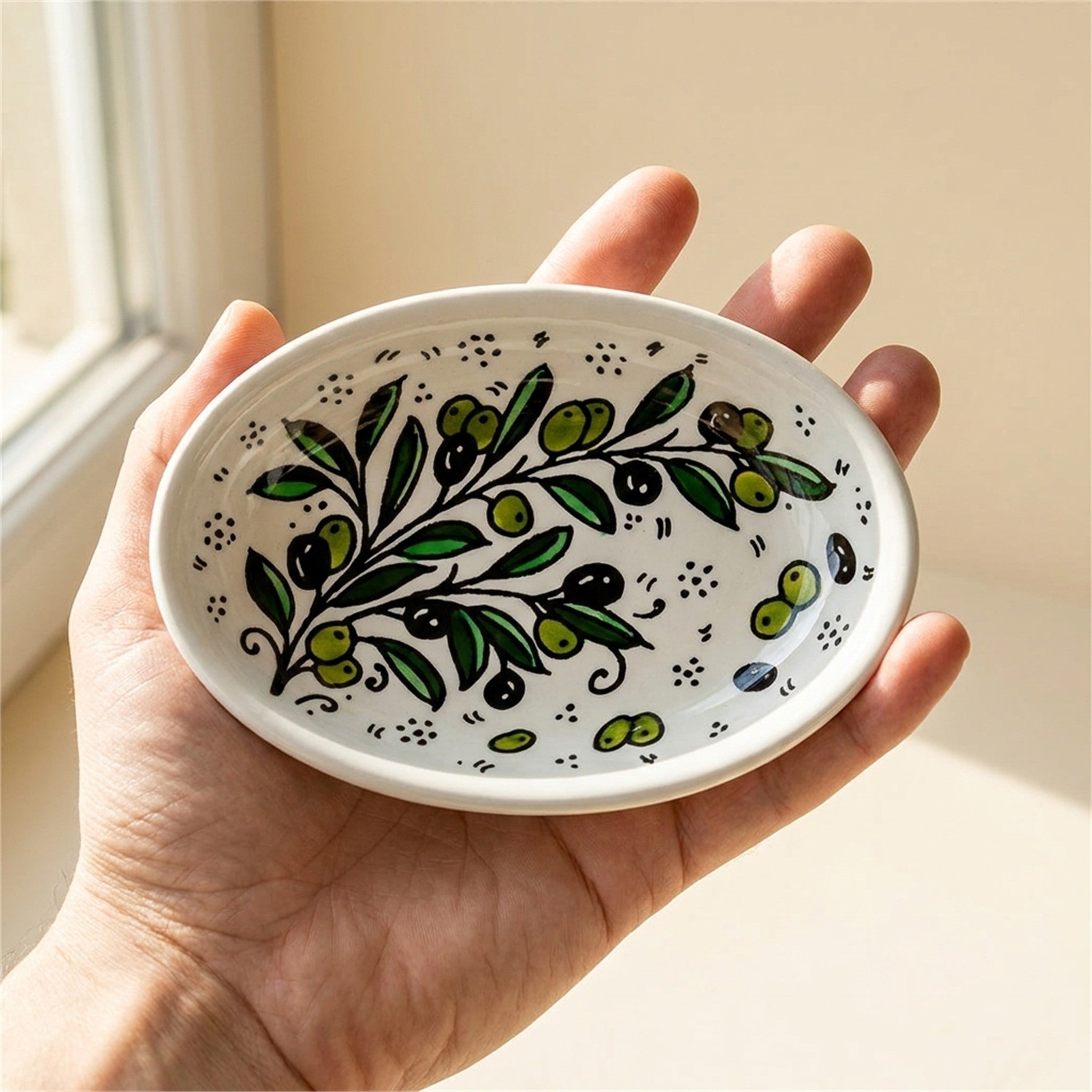 Ceramic Oval Serving Dish 6.69 Inch in Olive Green, held in hands to show scale