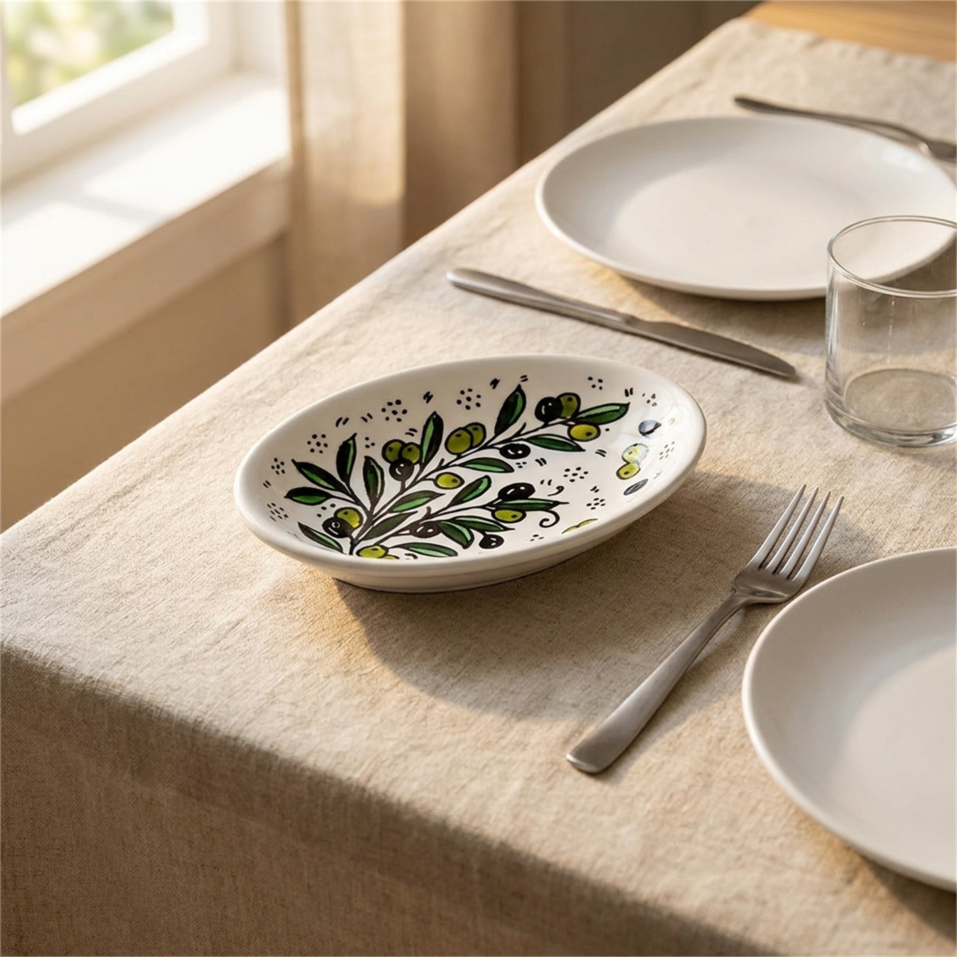 Ceramic Oval Serving Dish 6.69 Inch in Olive Green, styled on a set table