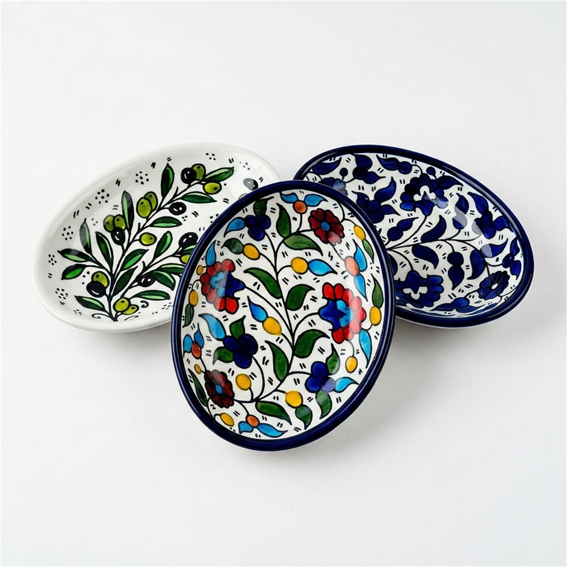 Ceramic Oval Serving Dish 6.69 Inch shown in all three hand-painted patterns