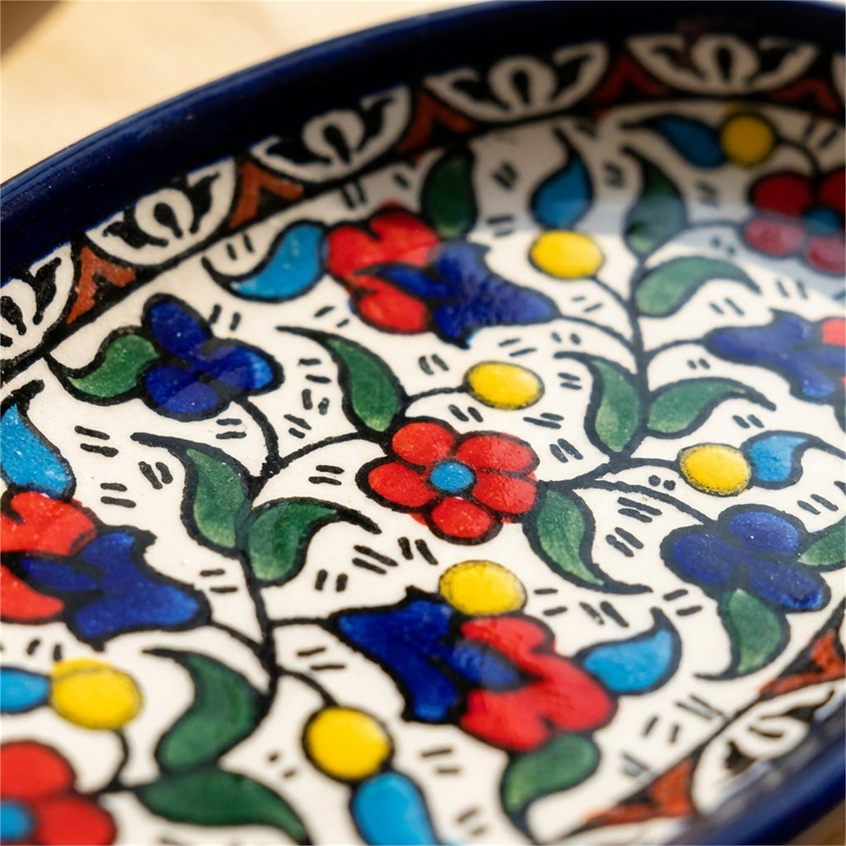 Ceramic Oval Serving Dish 6.7 Inch in Floral, close-up of the hand-painted detail