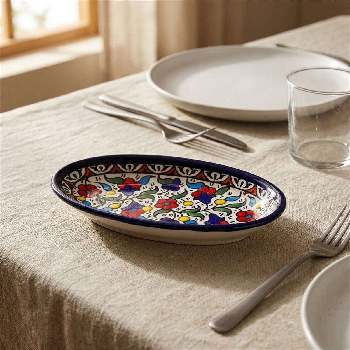 Ceramic Oval Serving Dish 6.7 Inch in Floral, styled on a set table