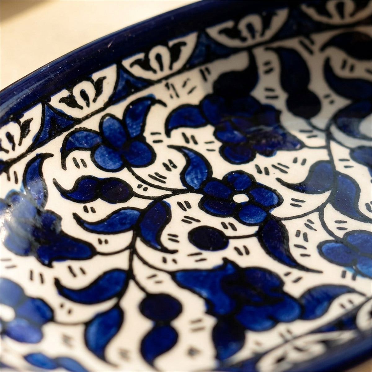 Ceramic Oval Serving Dish 6.7 Inch in Indigo, close-up of the hand-painted detail