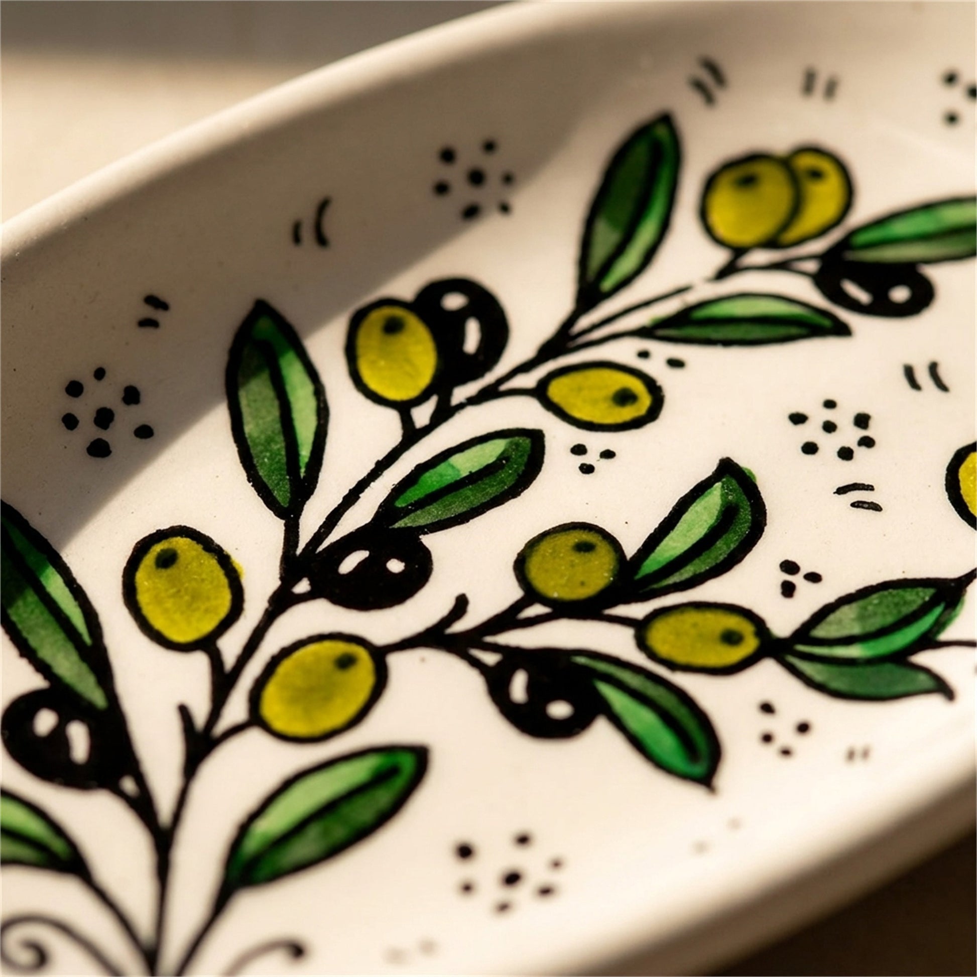 Ceramic Oval Serving Dish 6.7 Inch in Olive Green, close-up of the hand-painted detail