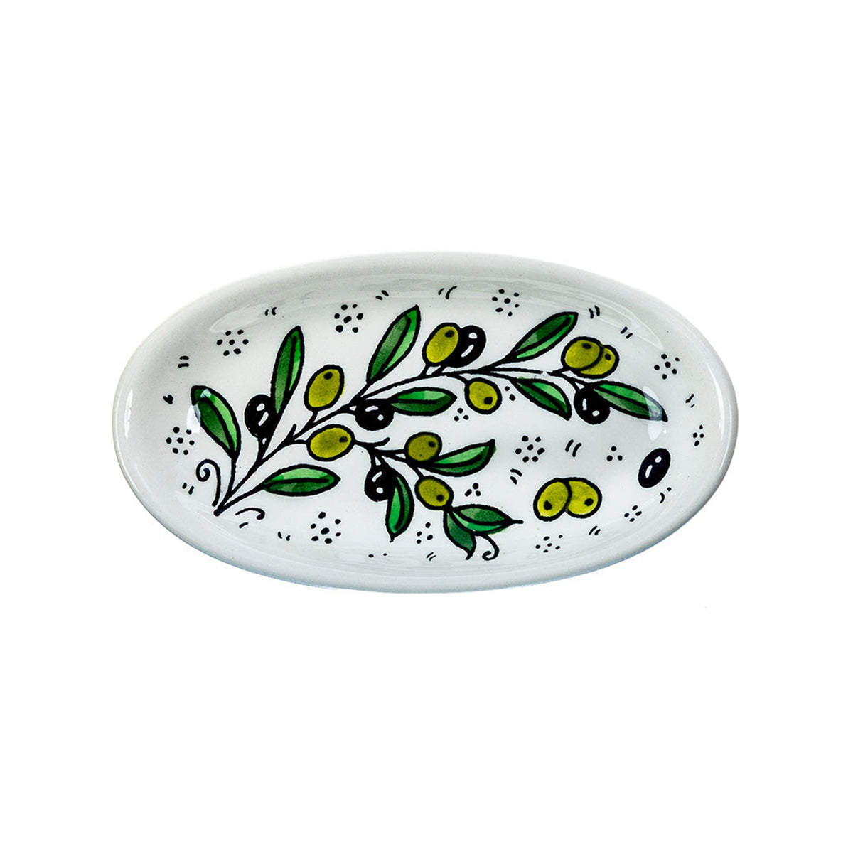 Ceramic Oval Serving Dish 6.7 Inch in Olive Green, seen from above