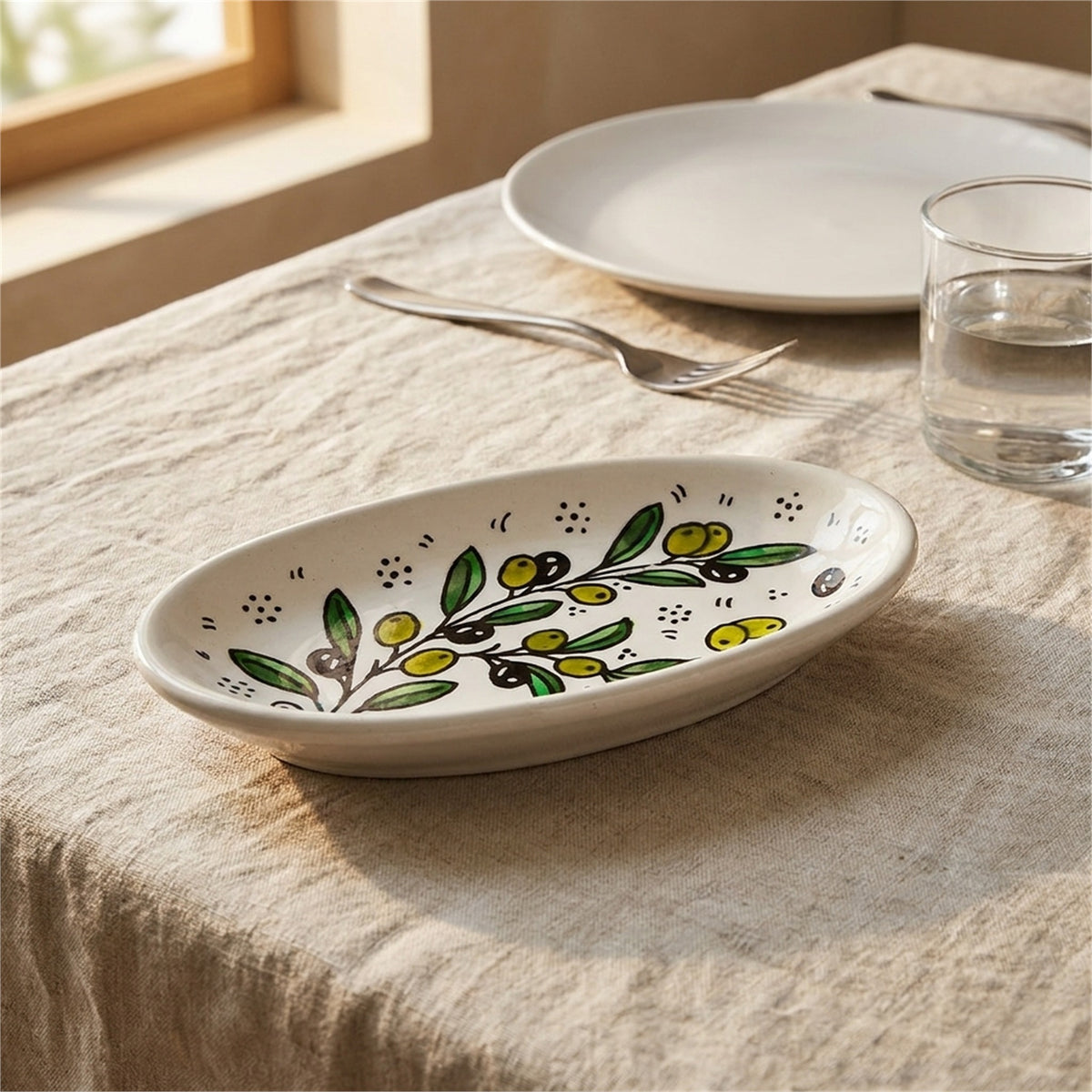 Ceramic Oval Serving Dish 6.7 Inch in Olive Green, styled on a set table