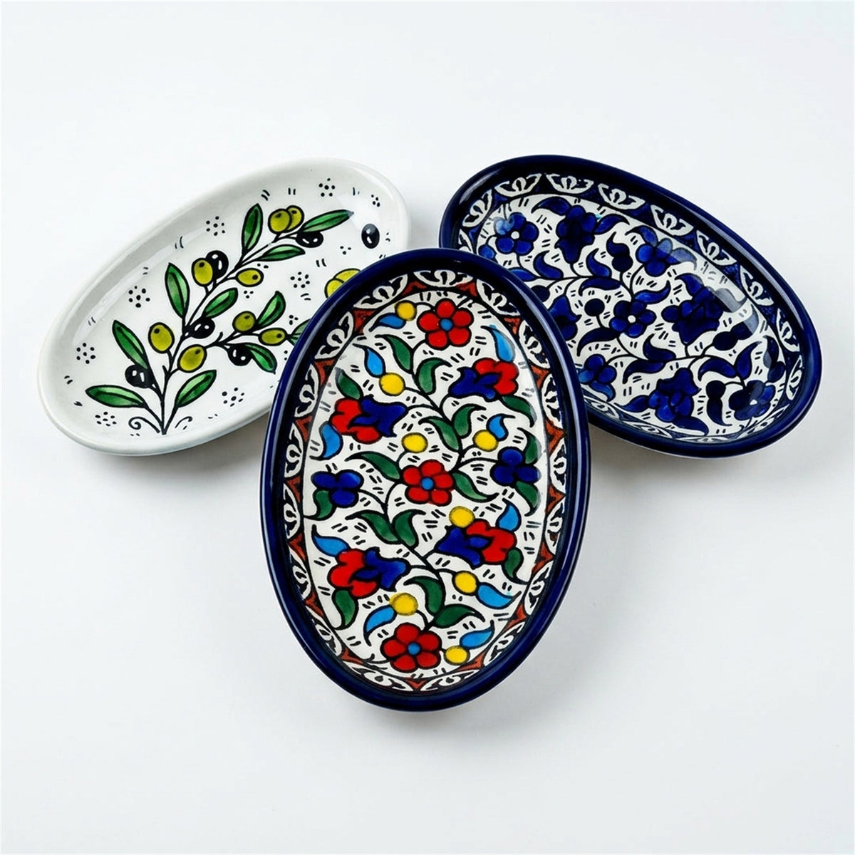 Ceramic Oval Serving Dish 6.7 Inch shown in all three hand-painted patterns