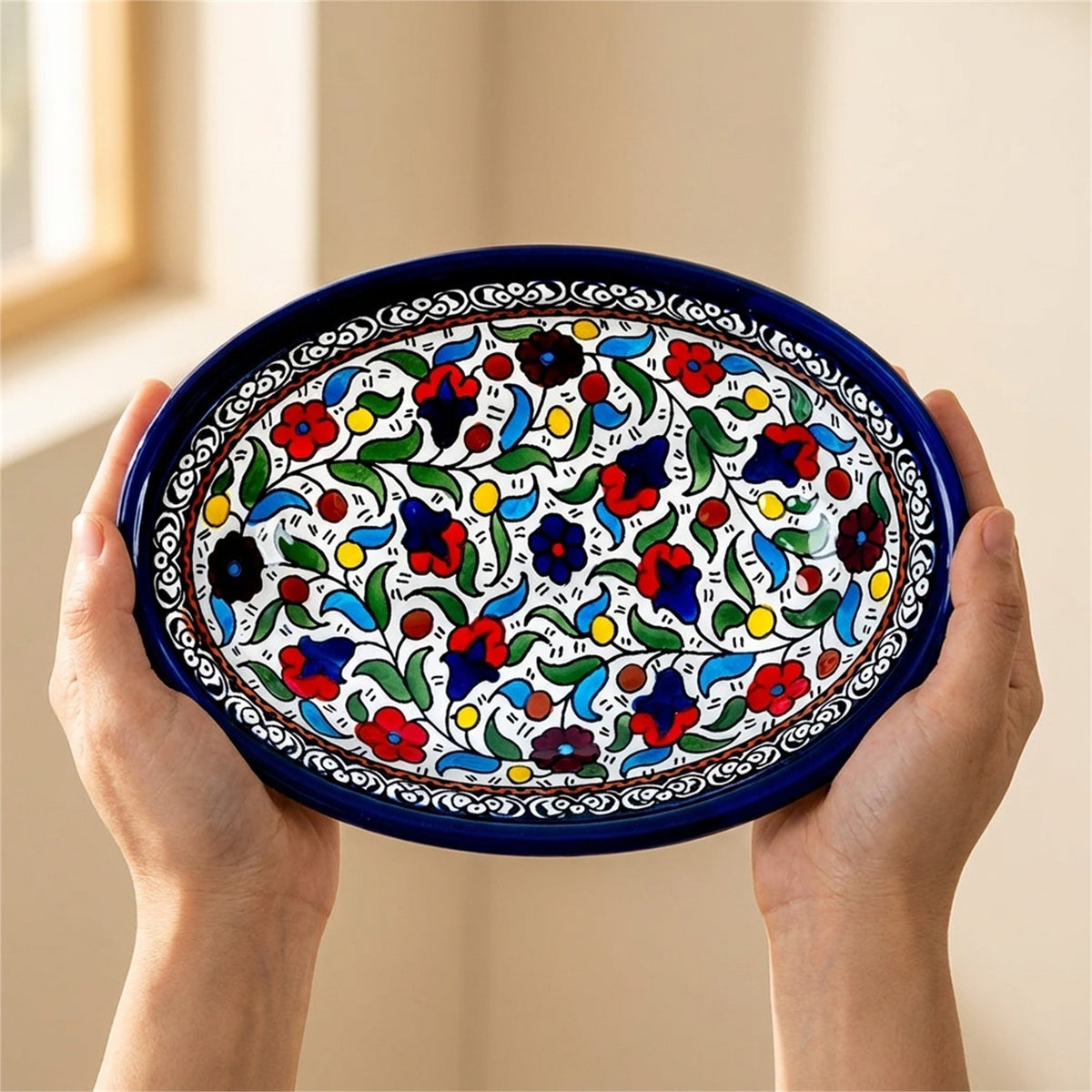 Ceramic Oval Serving Dish 9.06 Inch in Floral, held in hands to show scale