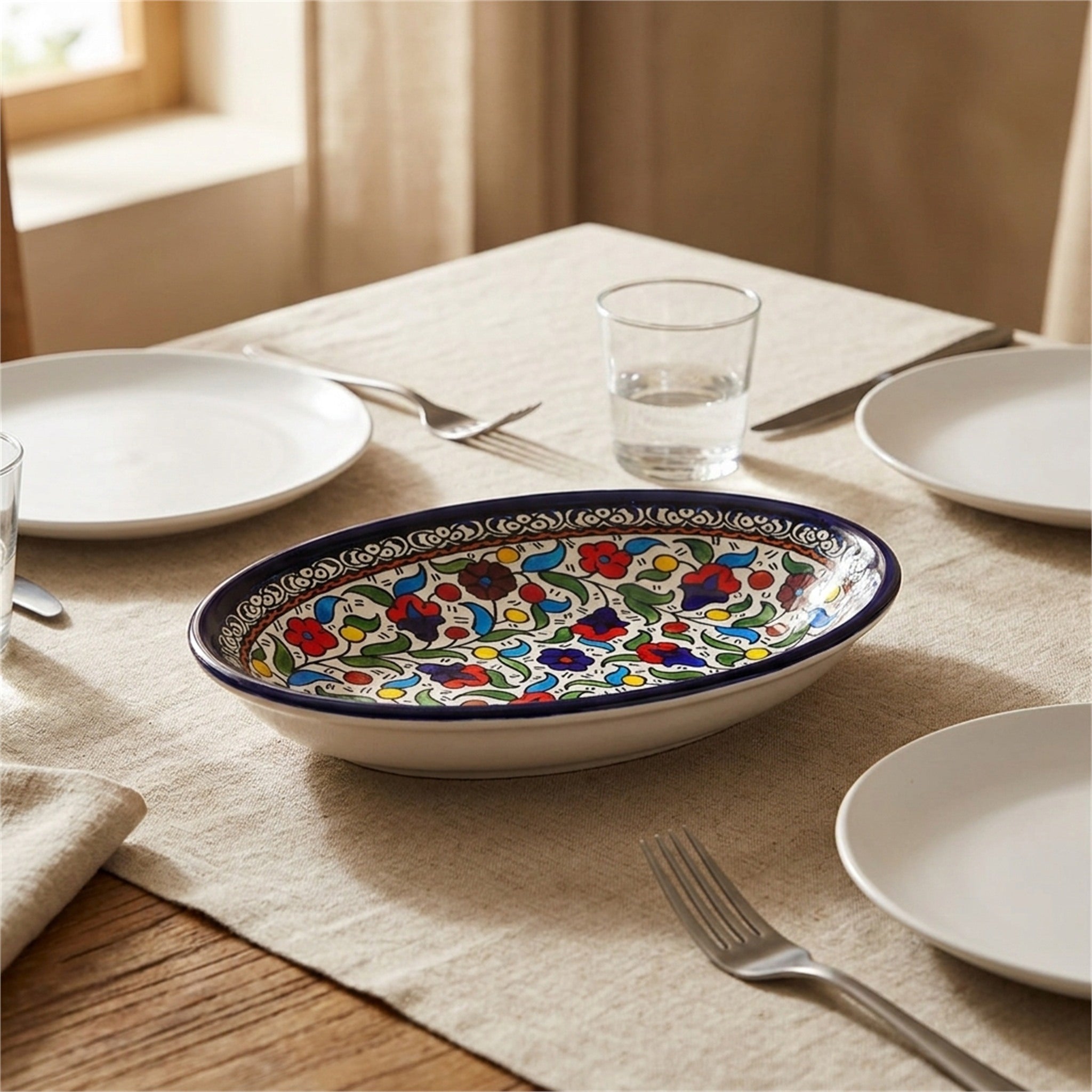 Ceramic Oval Serving Dish 9.06 Inch in Floral, styled on a set table