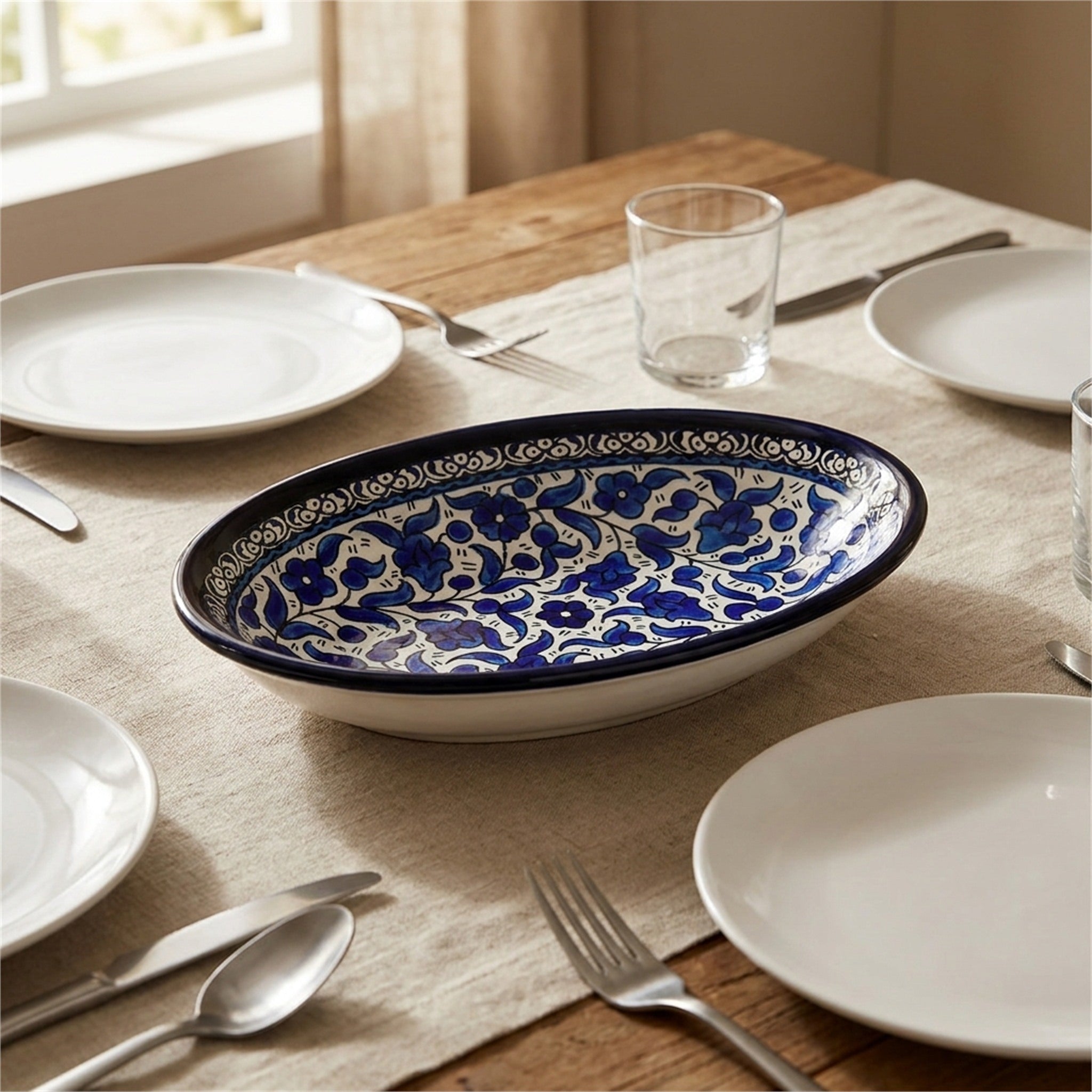 Ceramic Oval Serving Dish 9.06 Inch in Indigo, styled on a set table