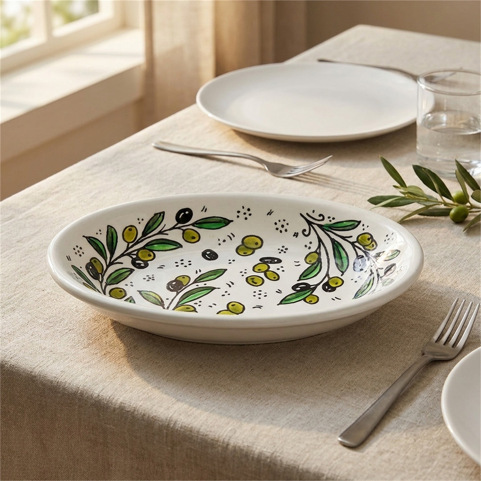 Ceramic Oval Serving Dish 9.06 Inch in Olive Green, styled on a set table