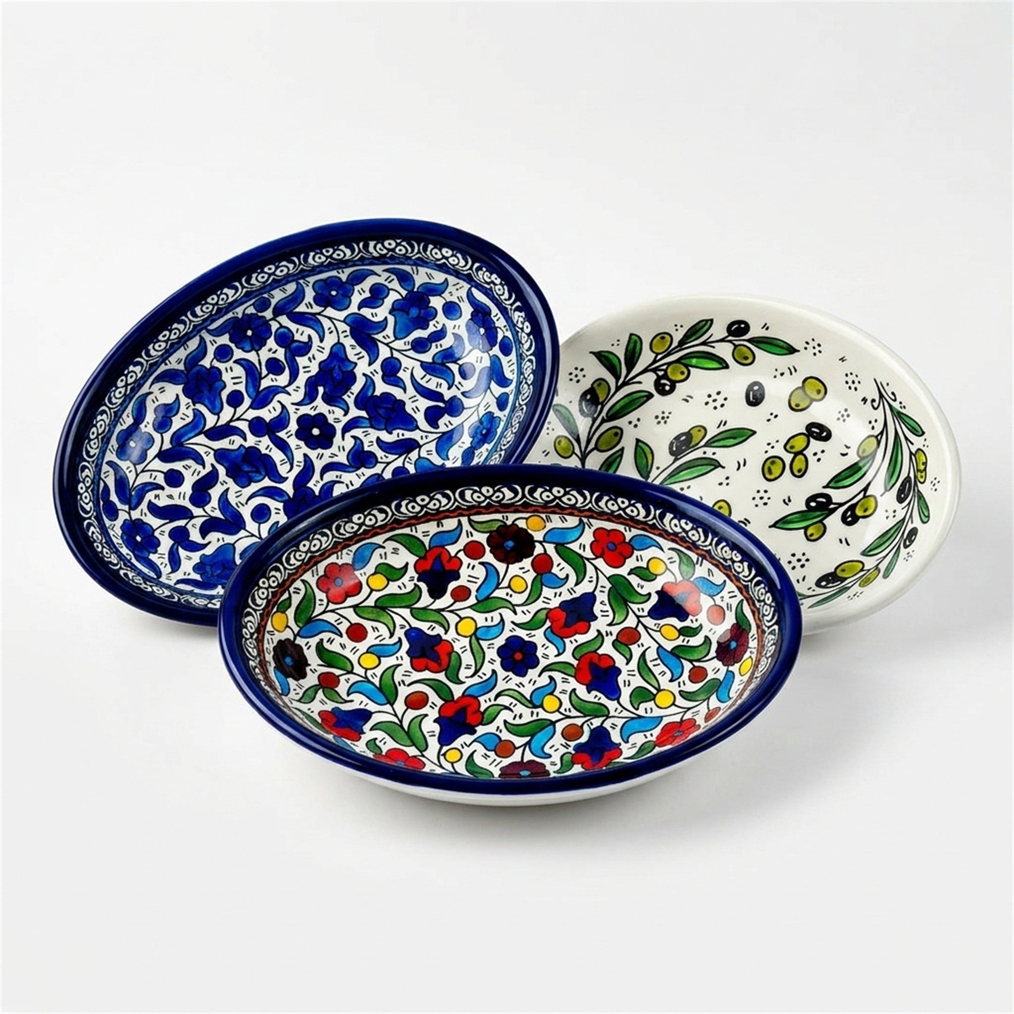 Ceramic Oval Serving Dish 9.06 Inch shown in all three hand-painted patterns