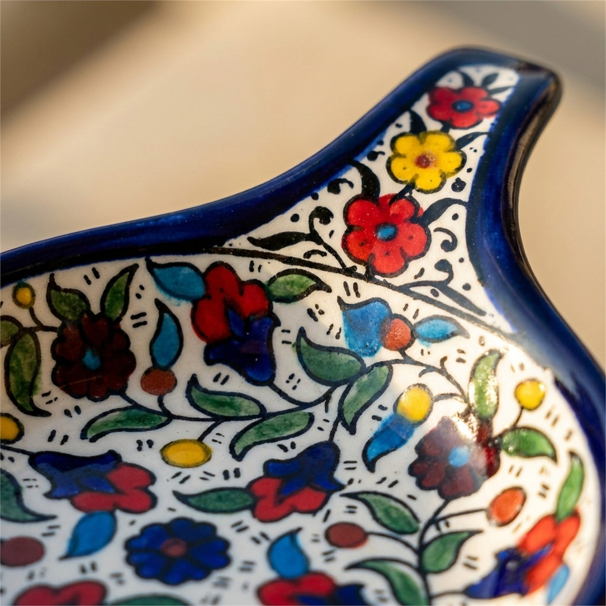 Ceramic Single Handle Bowl 5.12 Inch in Floral, close-up of the hand-painted detail