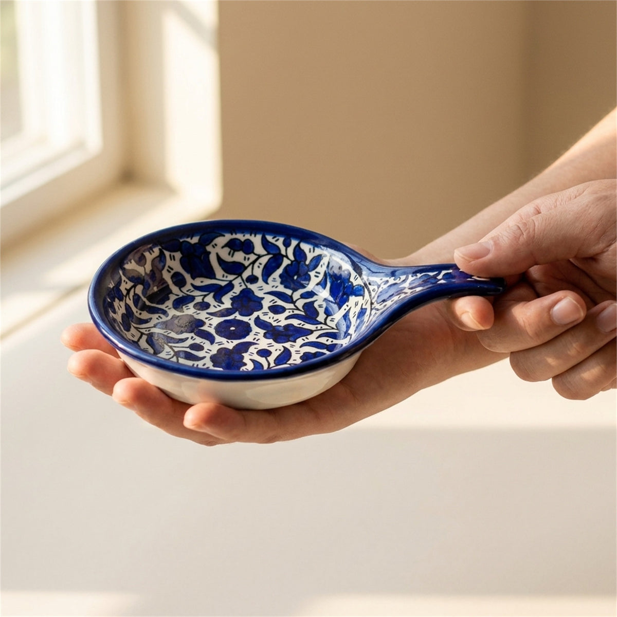 Ceramic Single Handle Bowl 5.12 Inch in Indigo, held in hands to show scale