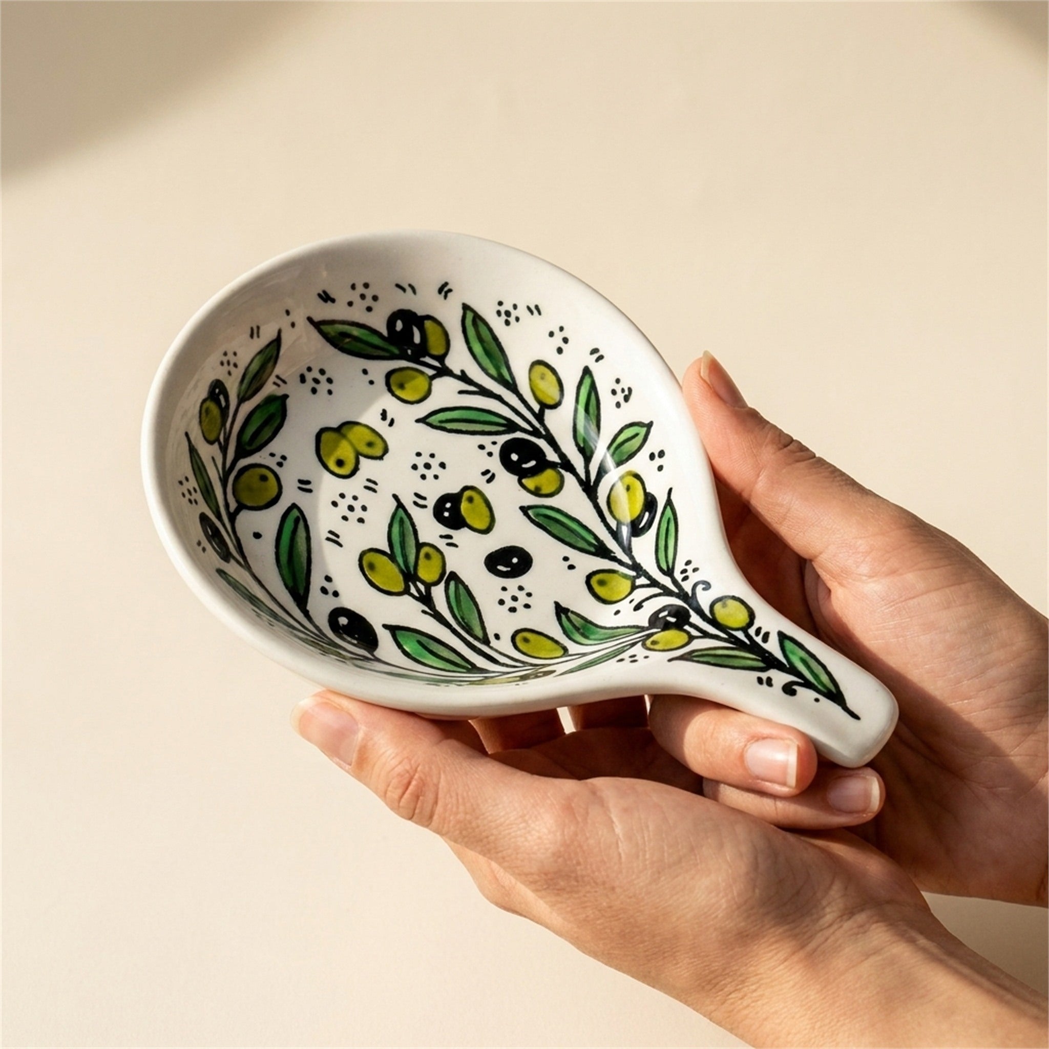 Ceramic Single Handle Bowl 5.12 Inch in Olive Green, held in hands to show scale
