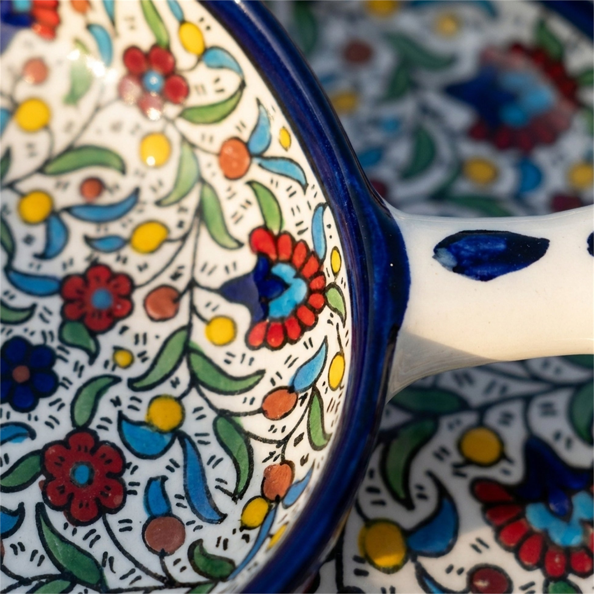 Ceramic Single Handle Bowl 6.3 Inch in Floral, close-up of the hand-painted detail