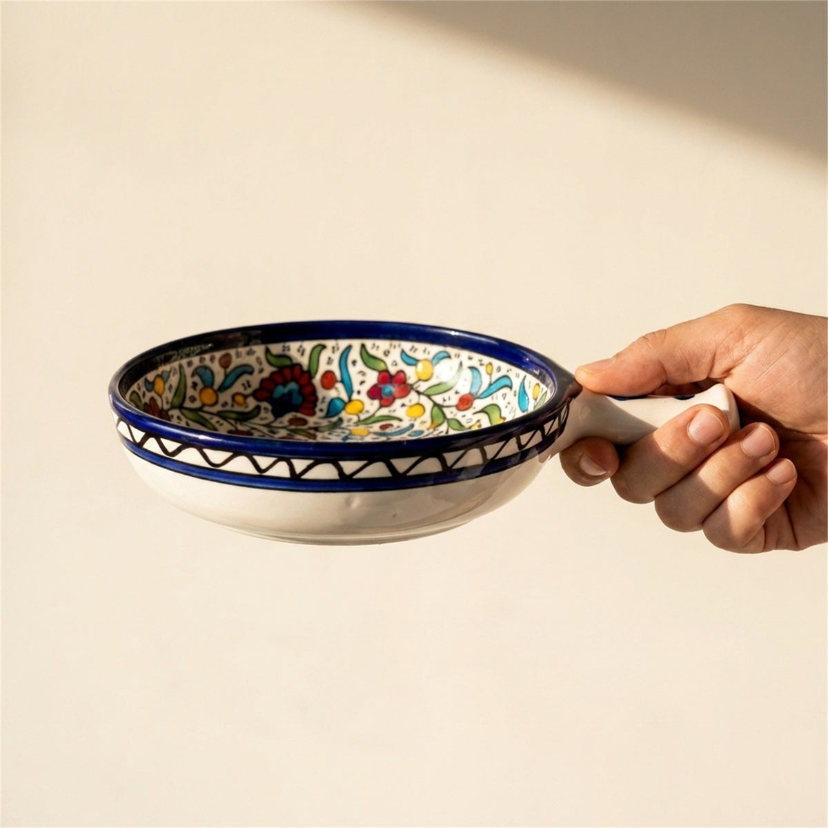 Ceramic Single Handle Bowl 6.3 Inch in Floral, held in hands to show scale