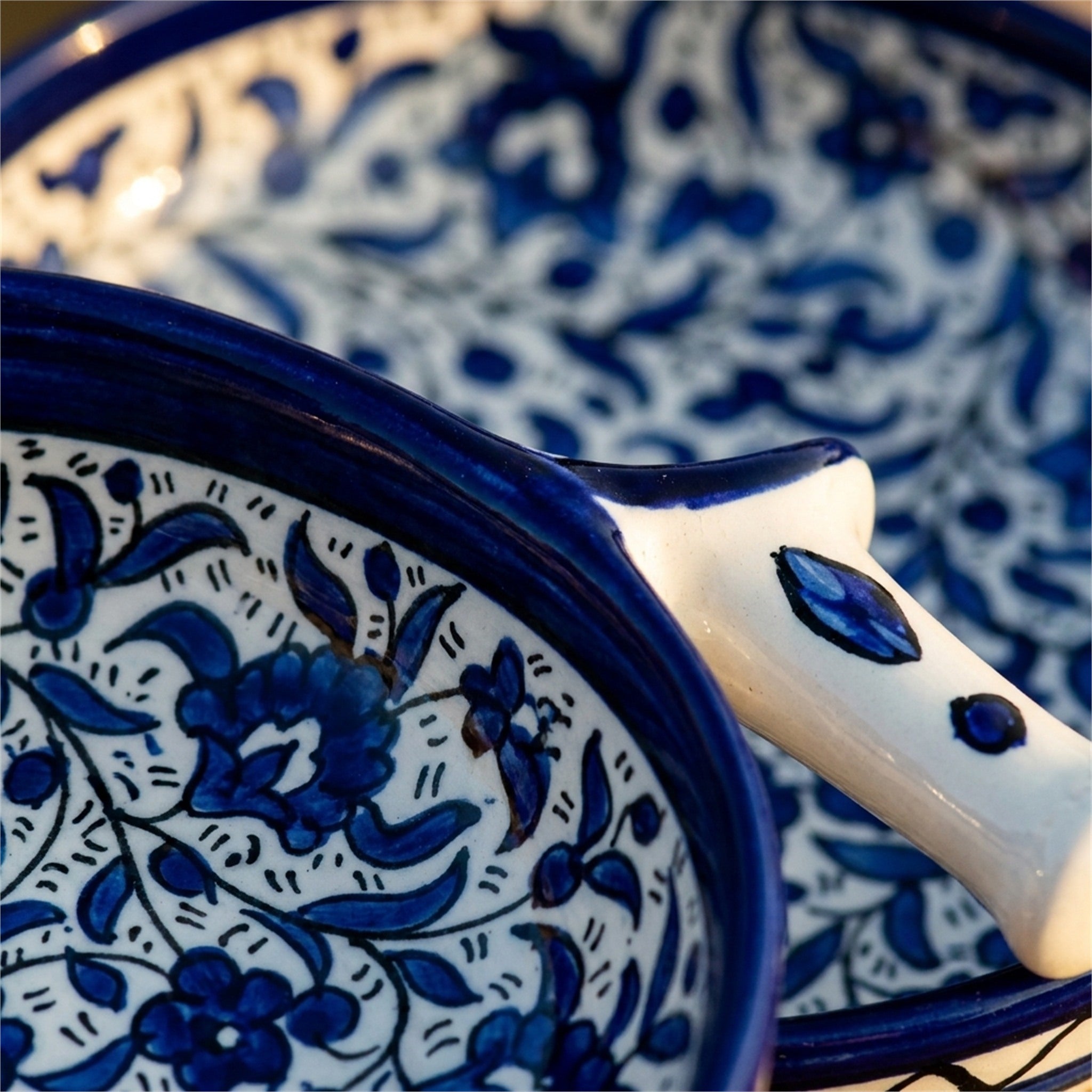 Ceramic Single Handle Bowl 6.3 Inch in Indigo, close-up of the hand-painted detail