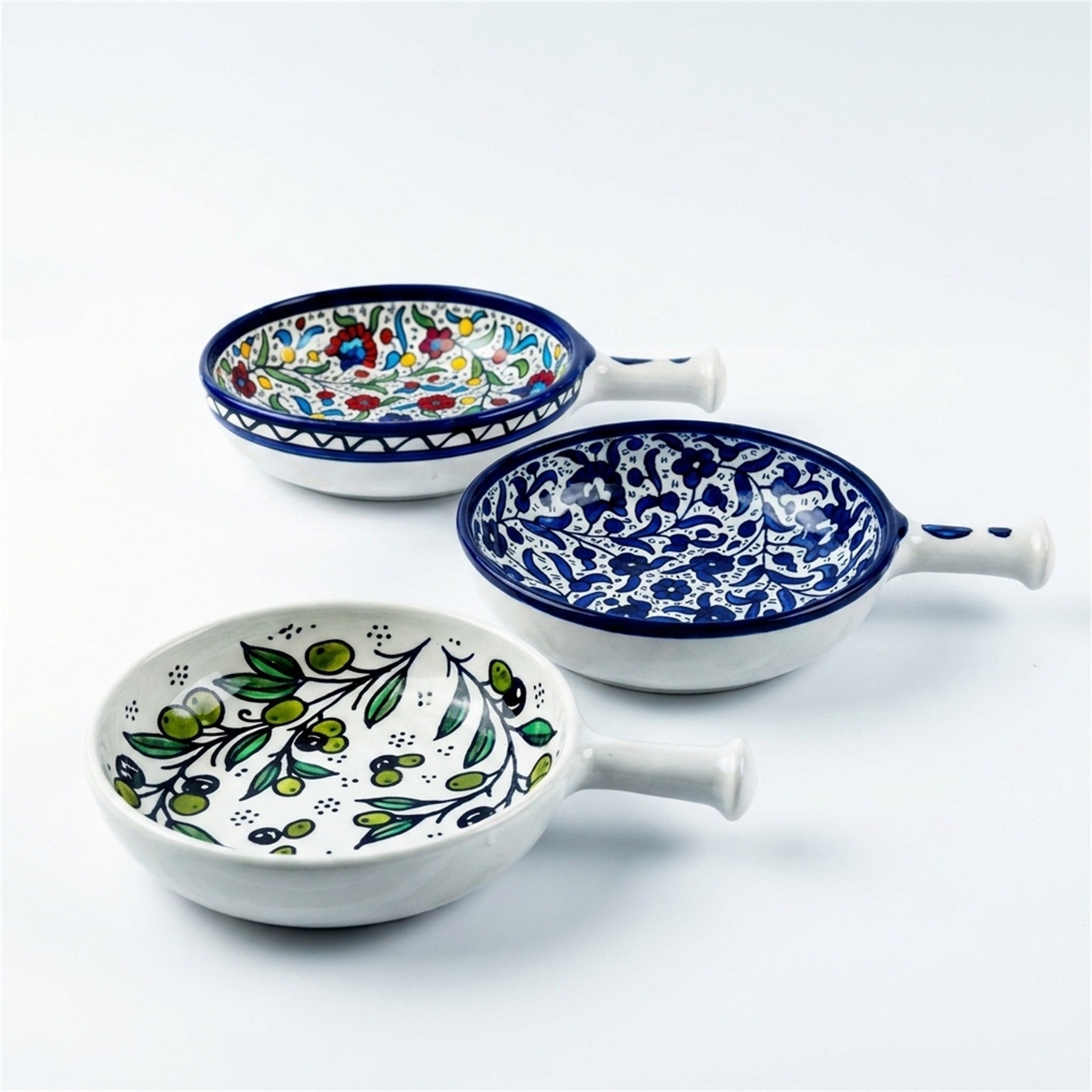 Ceramic Single Handle Bowl 6.3 Inch shown in all three hand-painted patterns