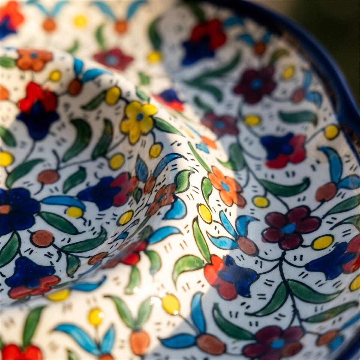 Ceramic Trefoil Dish 9.84 Inch in Floral, close-up of the hand-painted detail