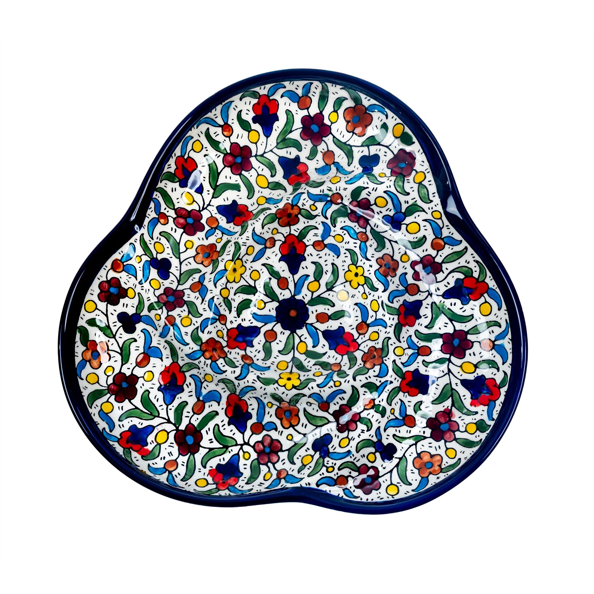 Ceramic Trefoil Dish 9.84 Inch in Floral, seen from above