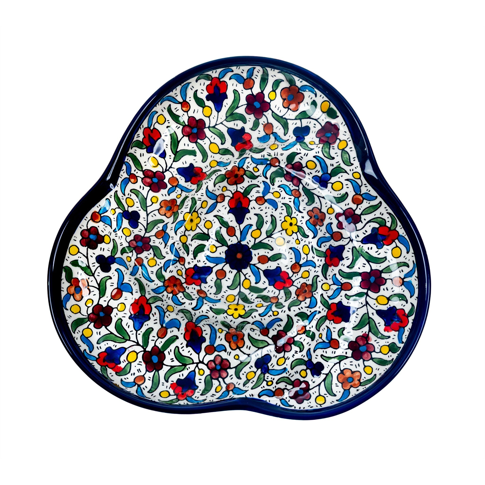 Ceramic Trefoil Dish 9.84 Inch in Floral, seen from above
