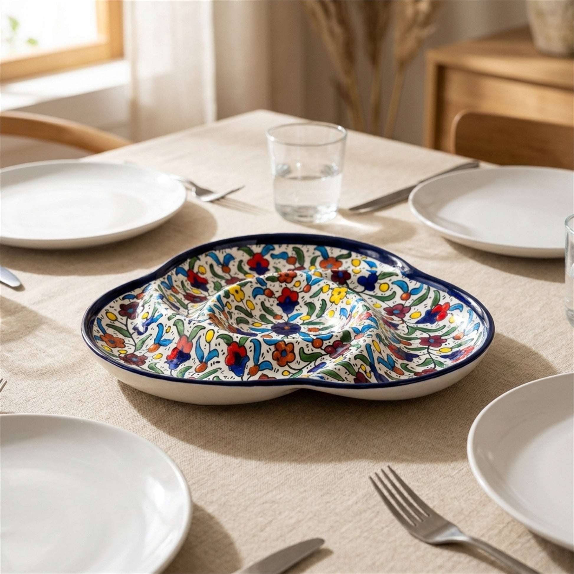 Ceramic Trefoil Dish 9.84 Inch in Floral, styled on a set table