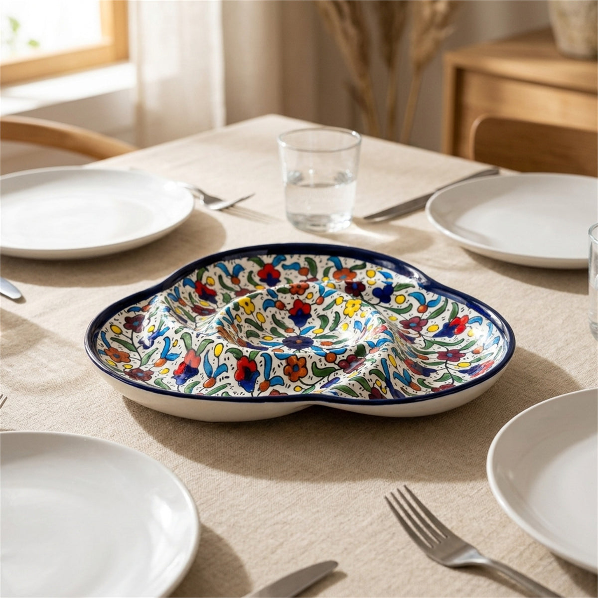 Ceramic Trefoil Dish 9.84 Inch in Floral, styled on a set table