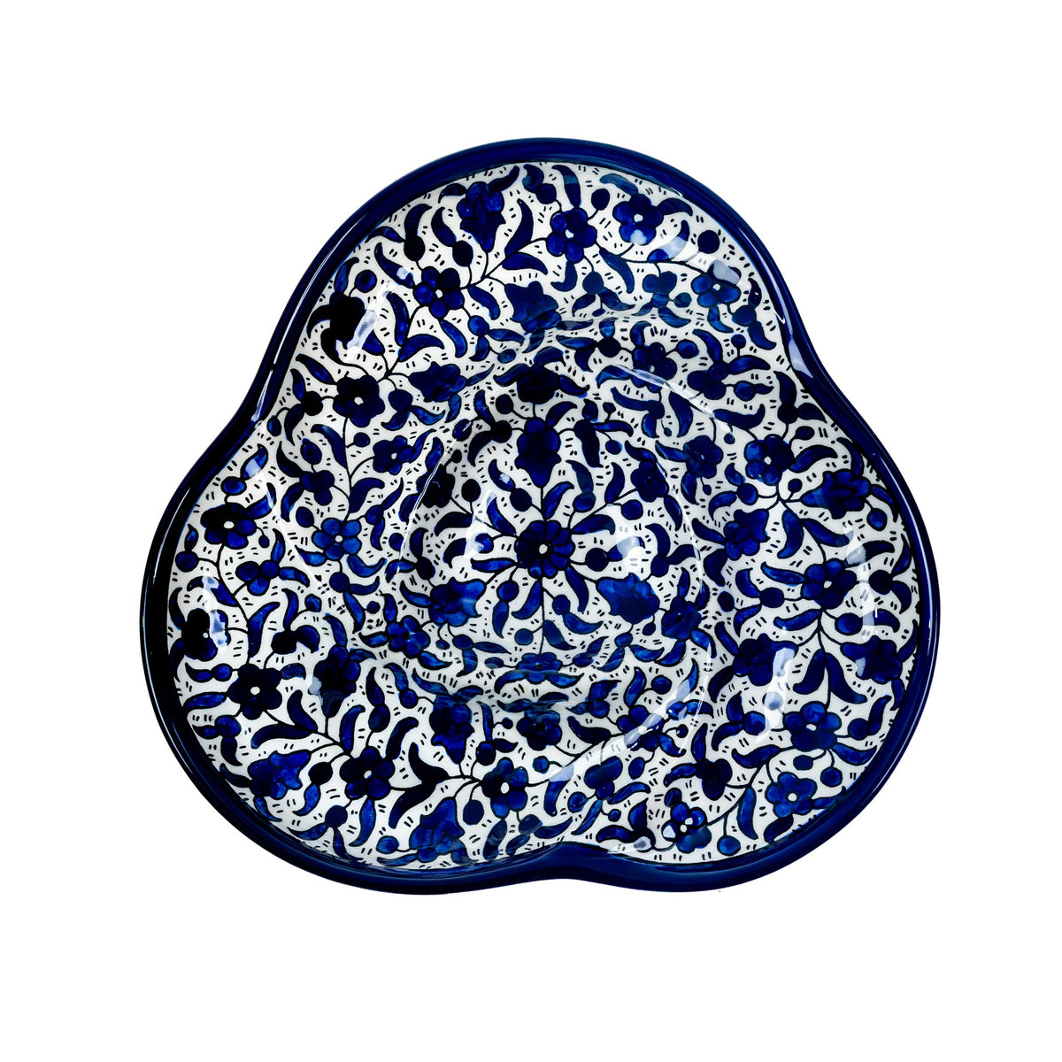 Ceramic Trefoil Dish 9.84 Inch in Indigo, seen from above