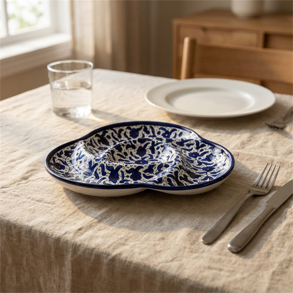 Ceramic Trefoil Dish 9.84 Inch in Indigo, styled on a set table