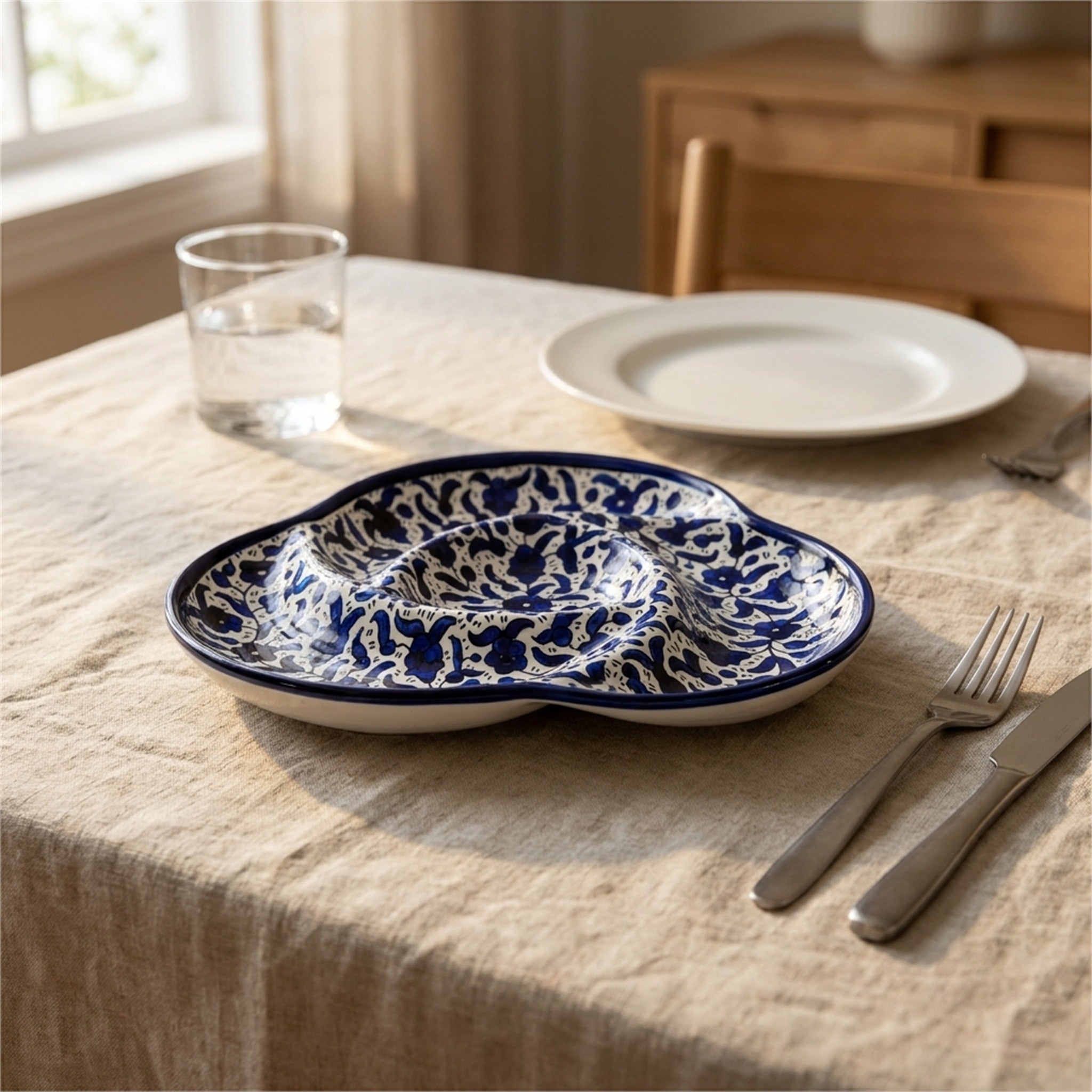 Ceramic Trefoil Dish 9.84 Inch in Indigo, styled on a set table
