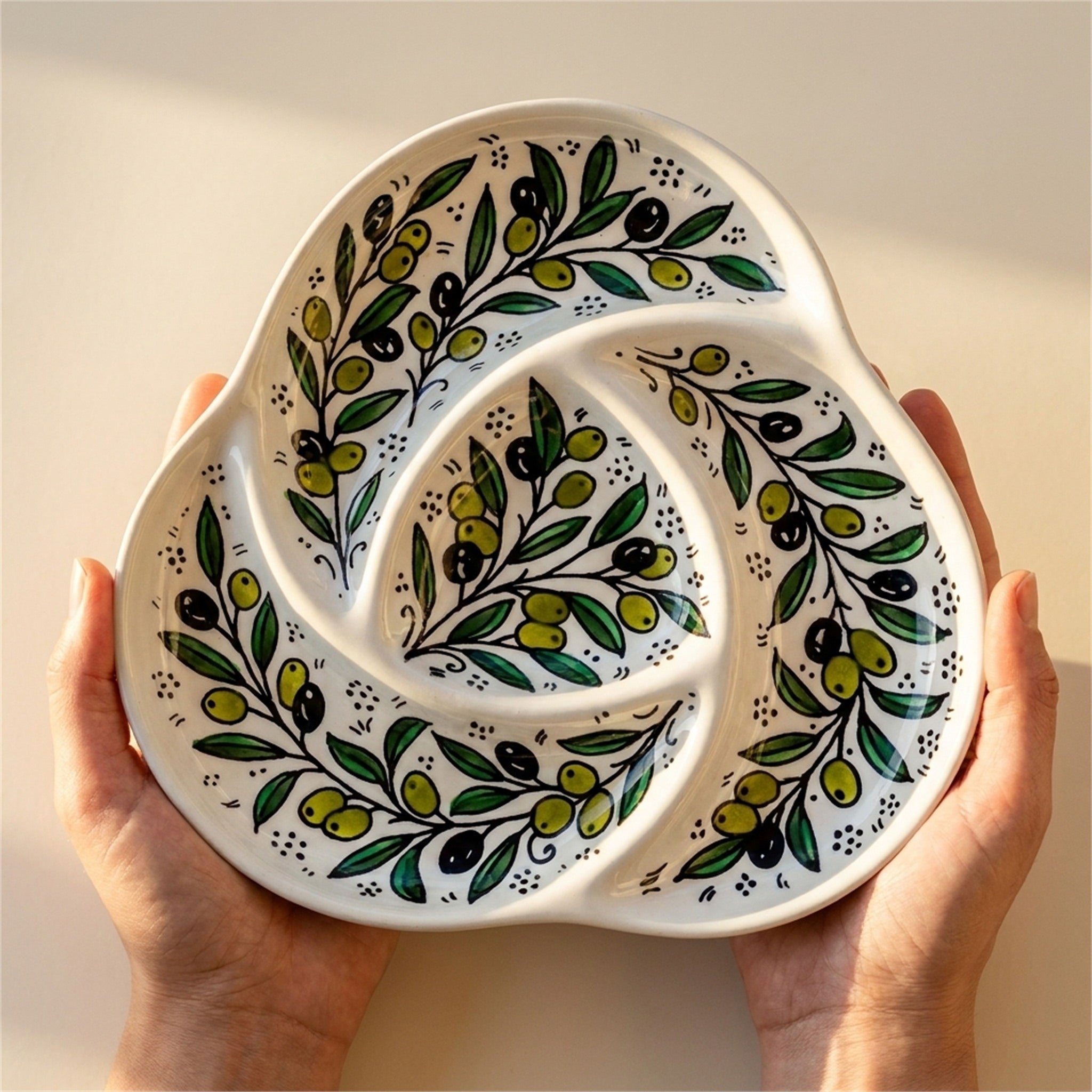 Ceramic Trefoil Dish 9.84 Inch in Olive Green, held in hands to show scale