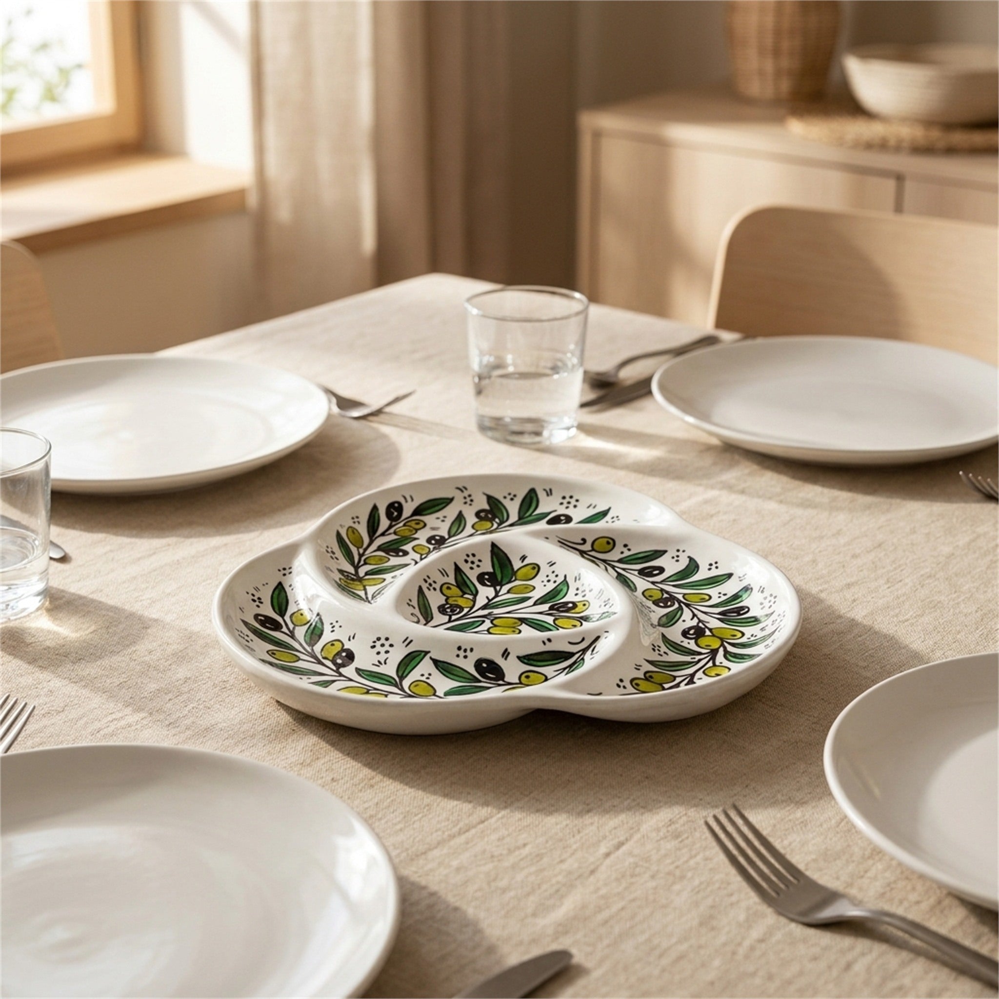 Ceramic Trefoil Dish 9.84 Inch in Olive Green, styled on a set table
