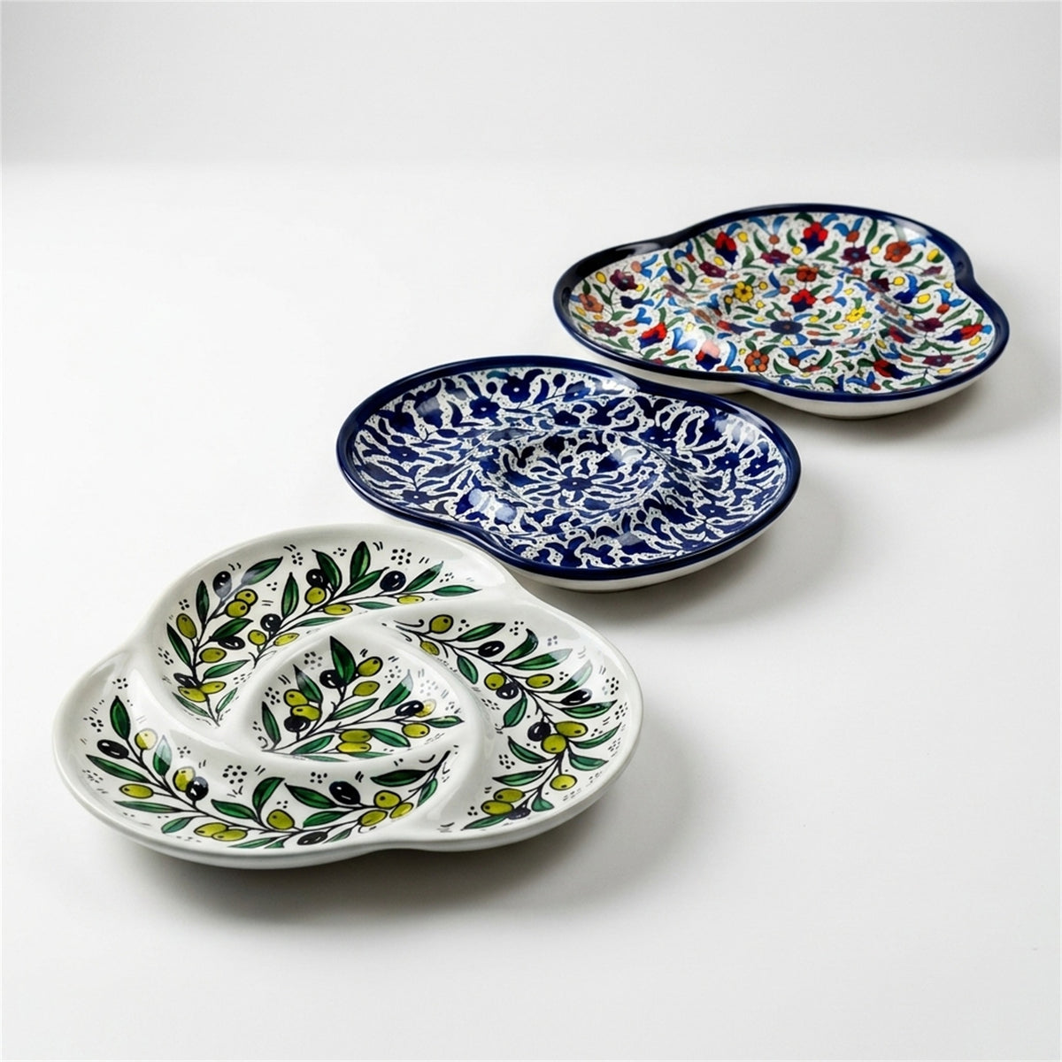 Ceramic Trefoil Dish 9.84 Inch shown in all three hand-painted patterns