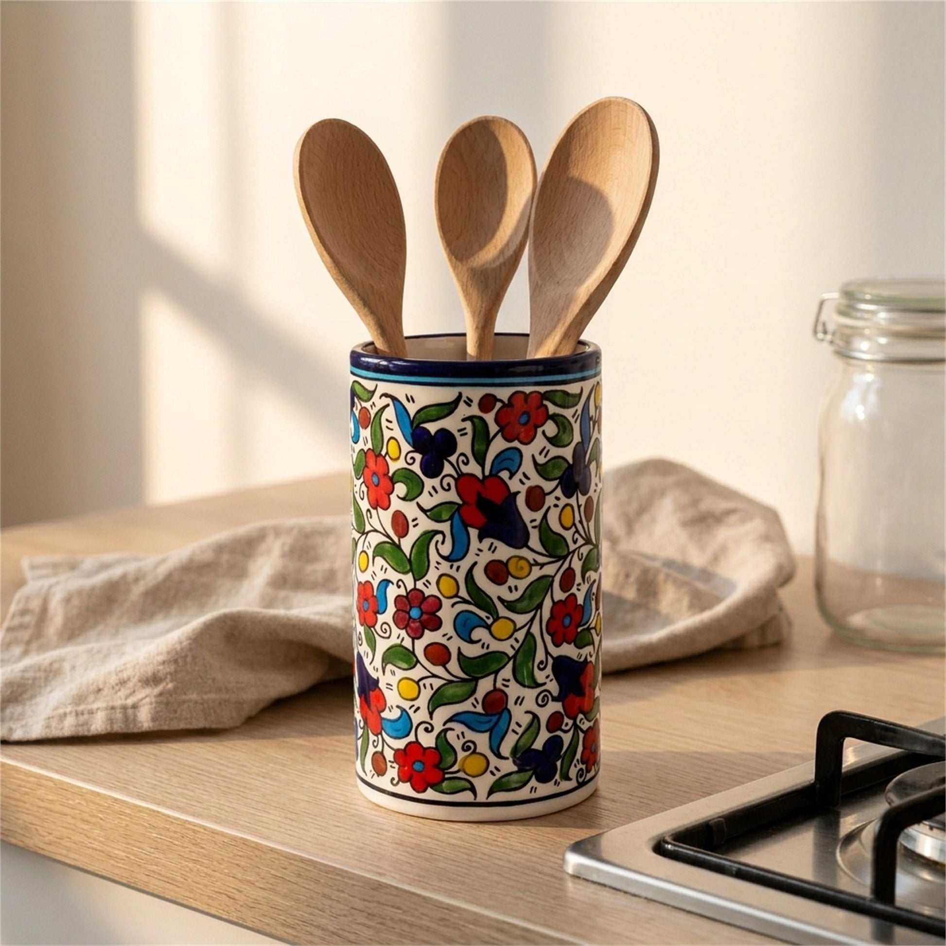 Ceramic Utensil Holder 3.94 Inch in Floral, styled on a set table