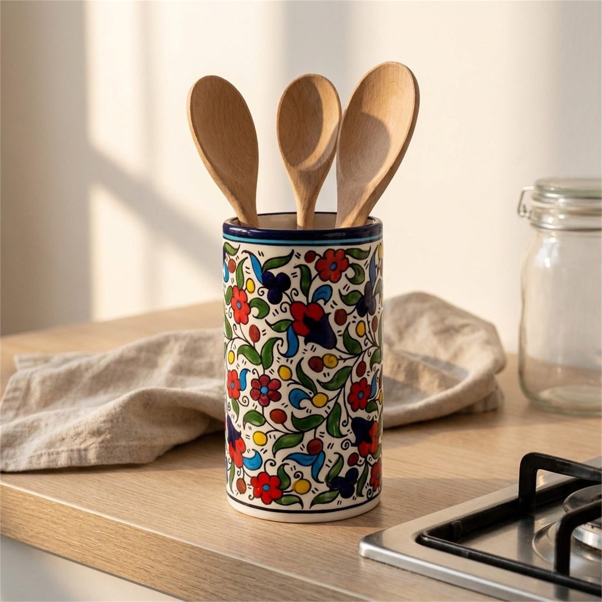 Ceramic Utensil Holder 3.94 Inch in Floral, styled on a set table