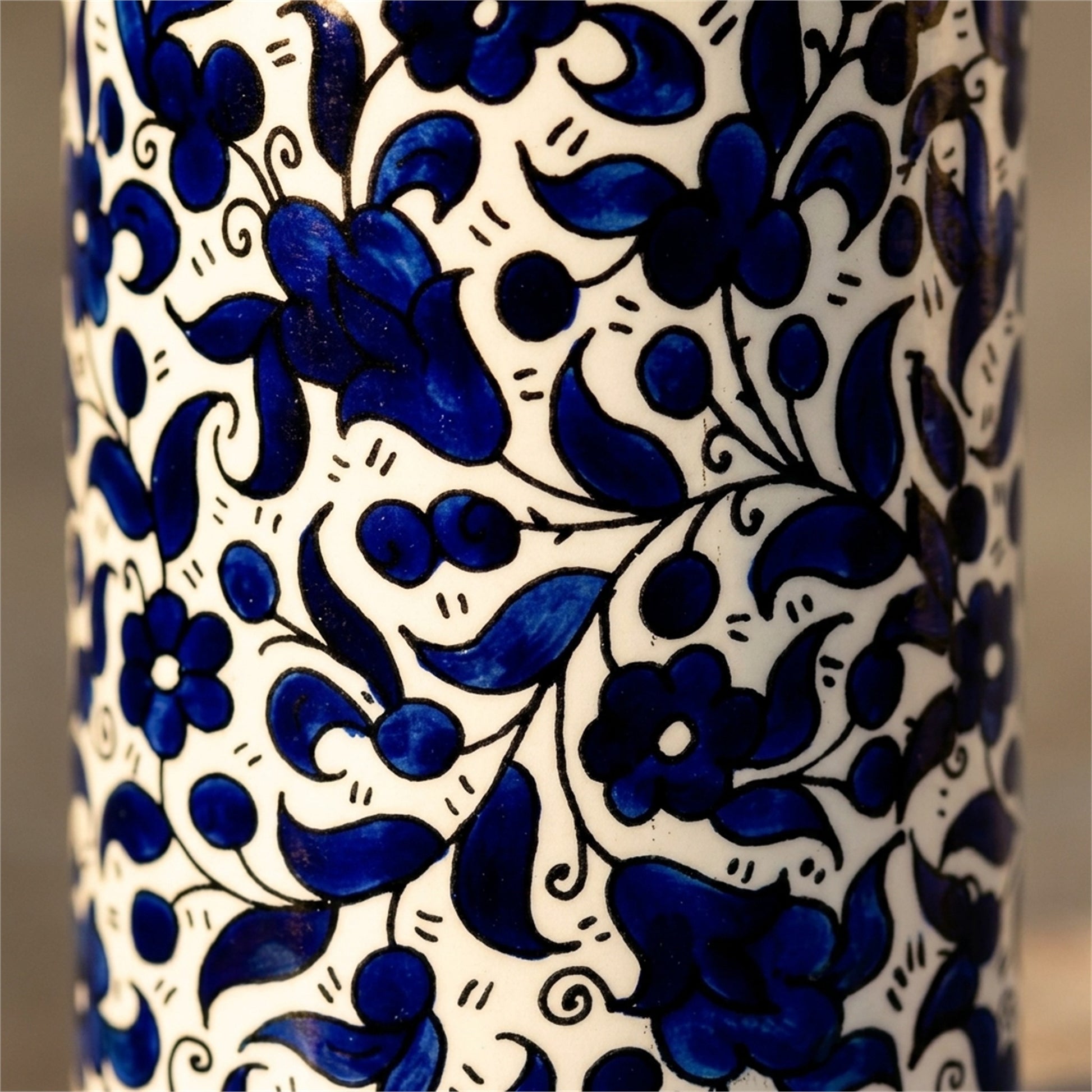 Ceramic Utensil Holder 3.94 Inch in Indigo, close-up of the hand-painted detail