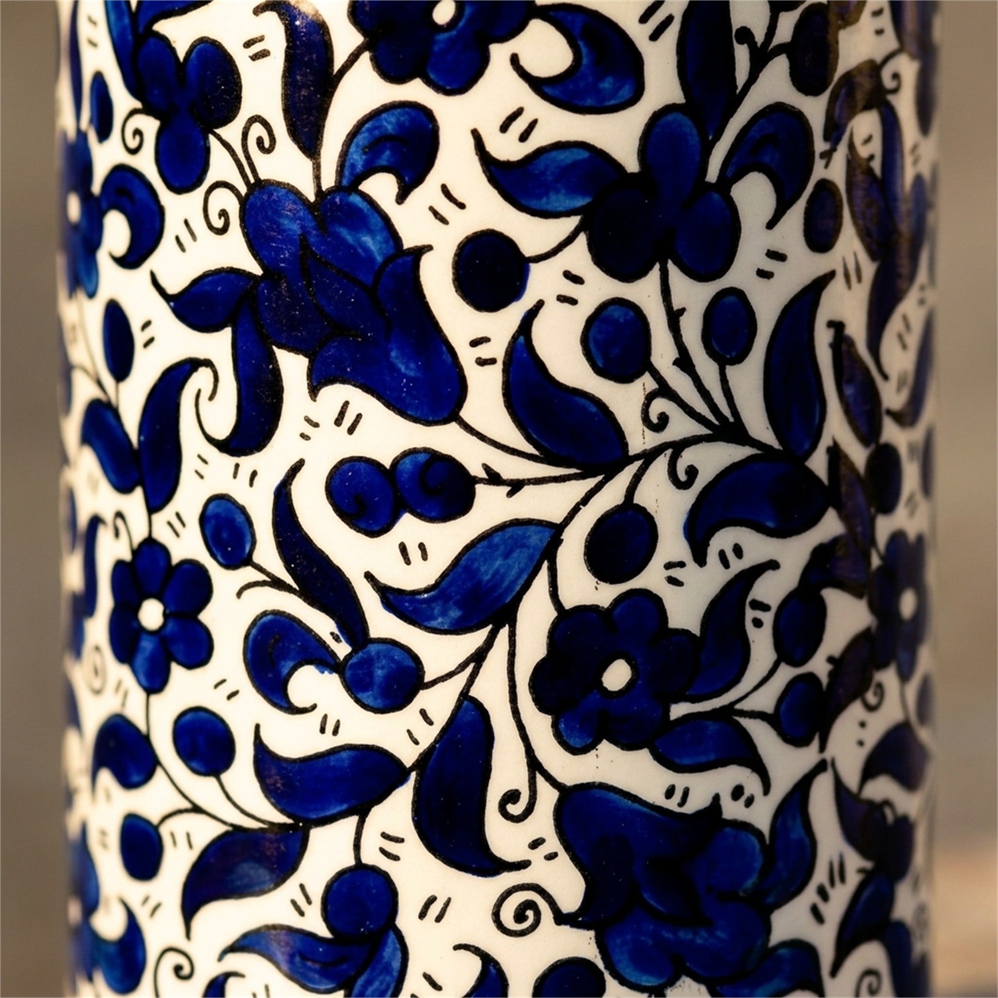 Ceramic Utensil Holder 3.94 Inch in Indigo, close-up of the hand-painted detail