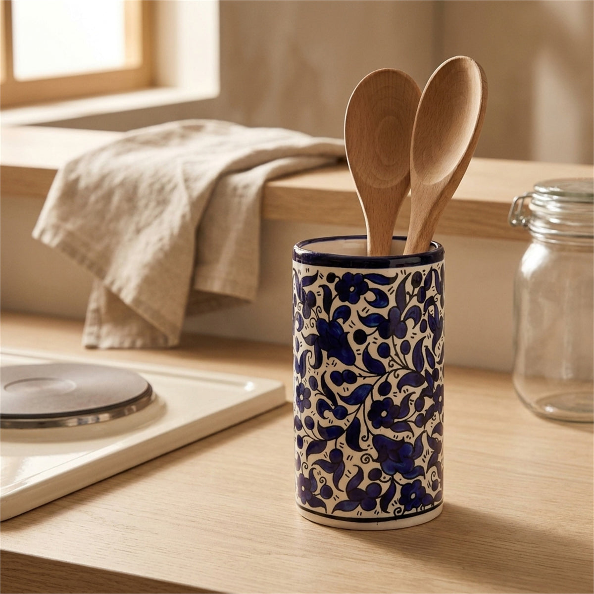 Ceramic Utensil Holder 3.94 Inch in Indigo, styled on a set table