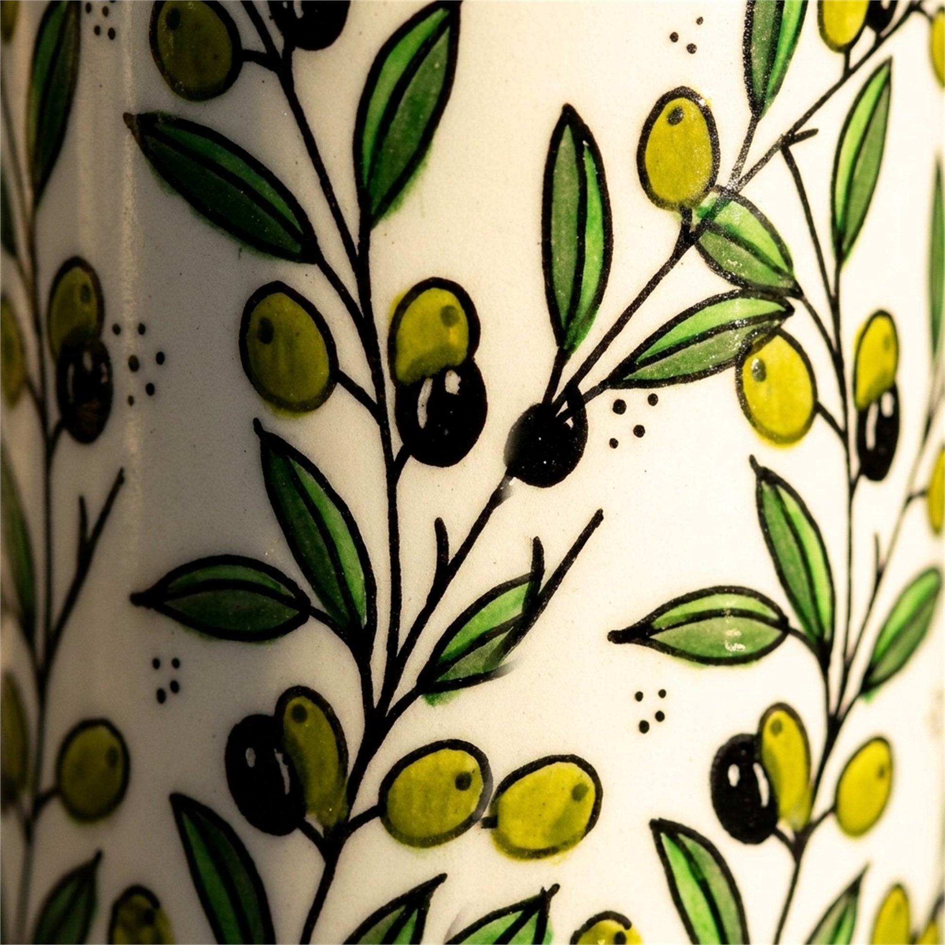 Ceramic Utensil Holder 3.94 Inch in Olive Green, close-up of the hand-painted detail
