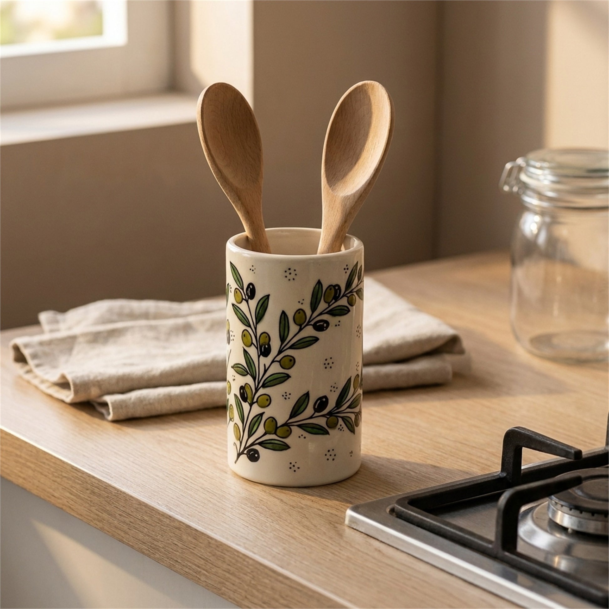 Ceramic Utensil Holder 3.94 Inch in Olive Green, styled on a set table