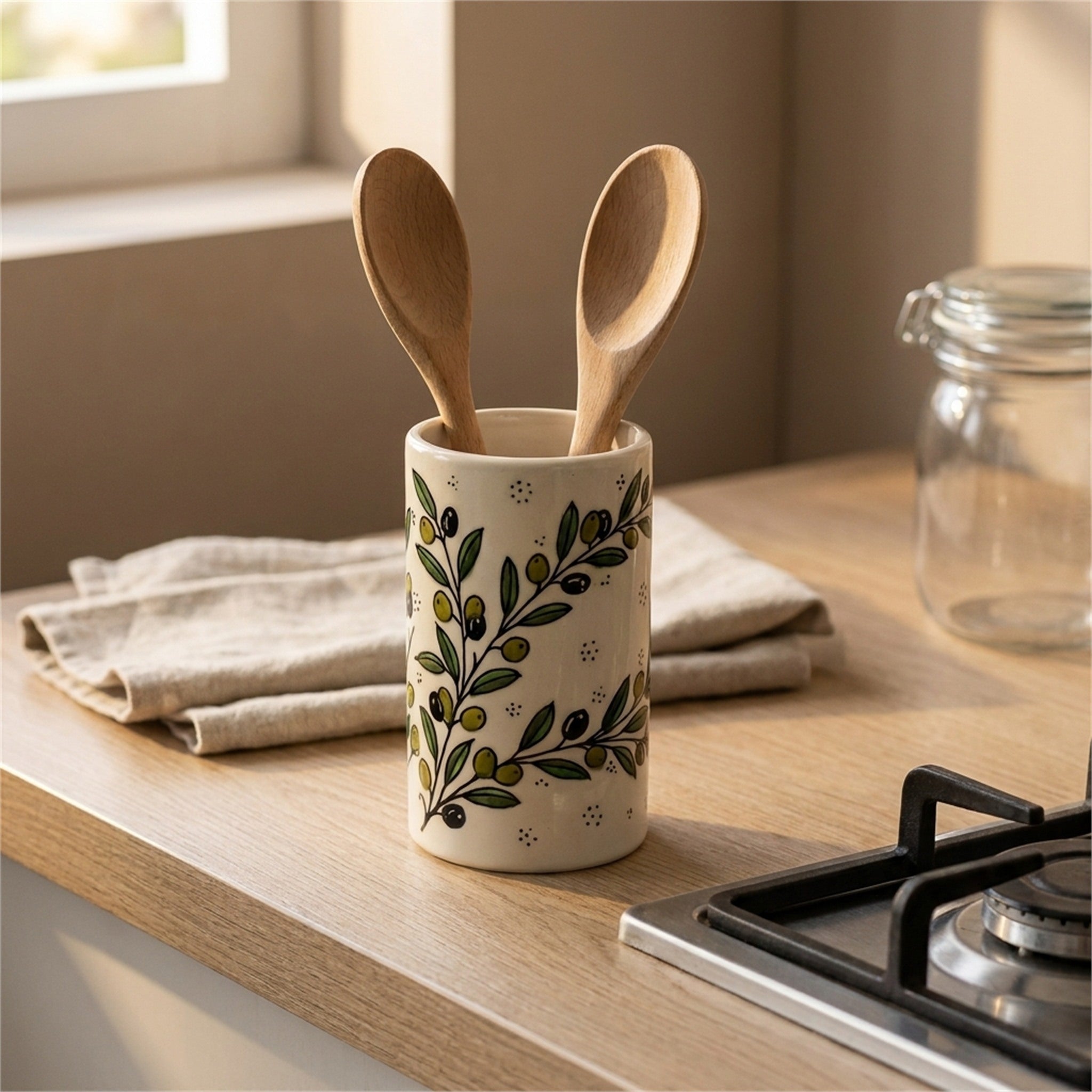 Ceramic Utensil Holder 3.94 Inch in Olive Green, styled on a set table