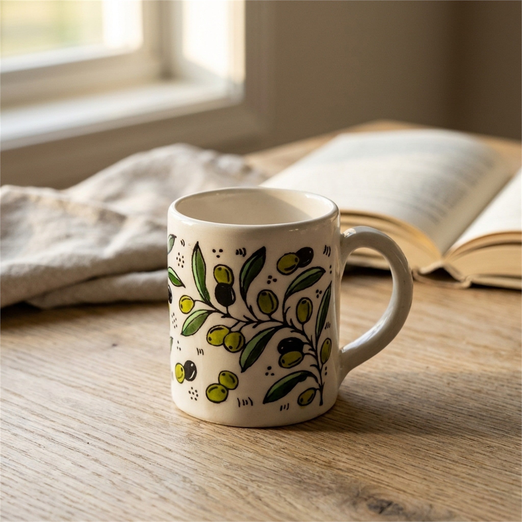 Floral Heritage Mug 2.76 Inch in Olive Green, styled on a set table