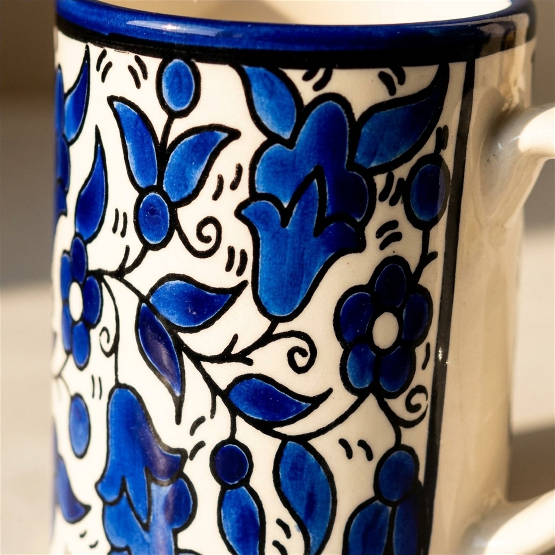 Floral Heritage Mug 3.15 Inch in Indigo, close-up of the hand-painted detail