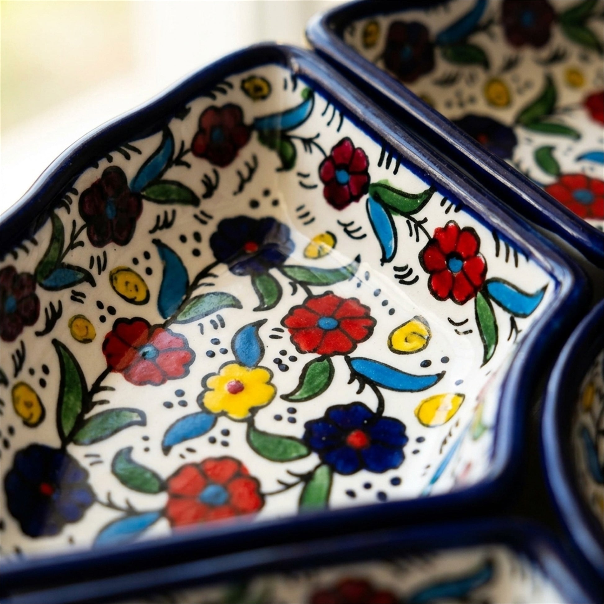 Hand-Painted Ceramic 7-Piece Serving Set 12.6 Inch in Floral, close-up of the hand-painted detail