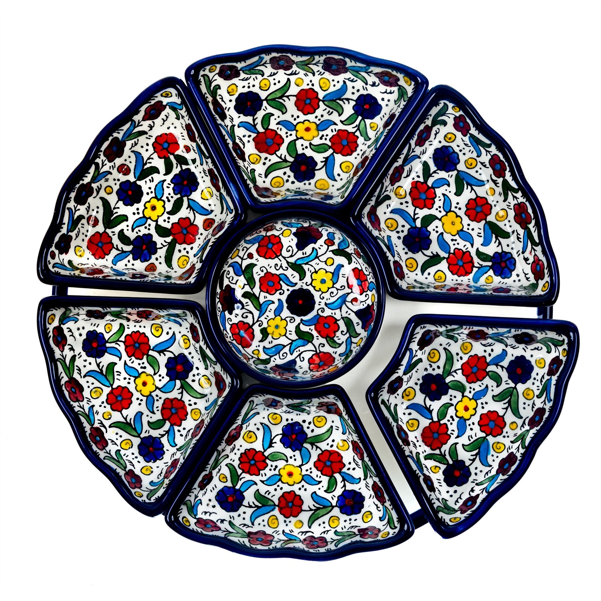 Hand-Painted Ceramic 7-Piece Serving Set 12.6 Inch in Floral, seen from above