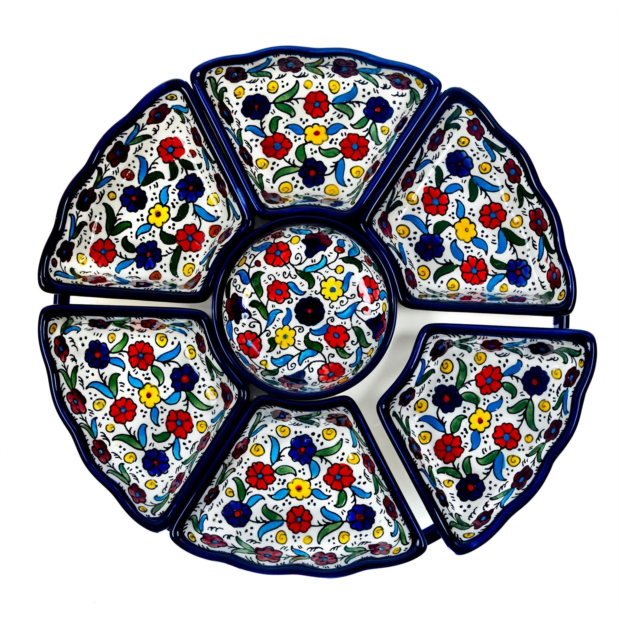 Hand-Painted Ceramic 7-Piece Serving Set 12.6 Inch in Floral, seen from above