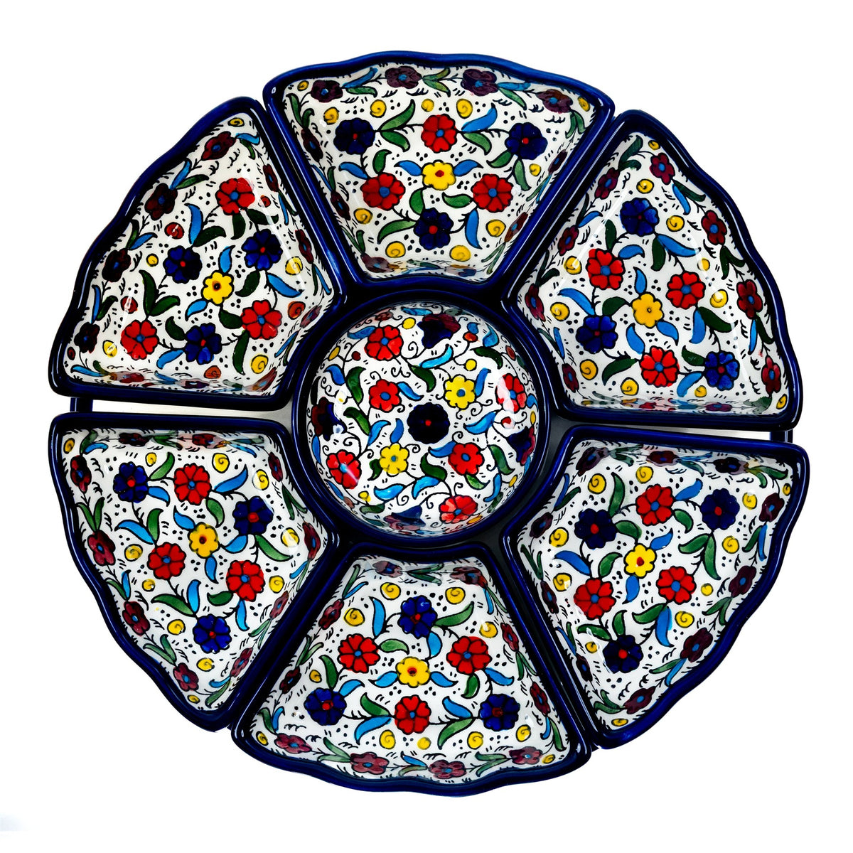 Hand-Painted Ceramic 7-Piece Serving Set 12.6 Inch in Floral, seen from above