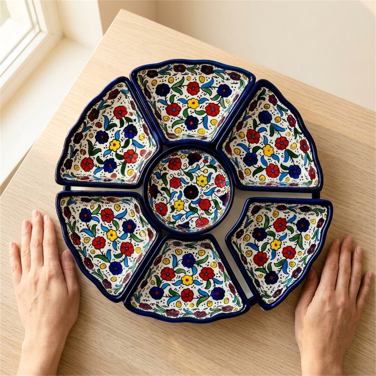 Hand-Painted Ceramic 7-Piece Serving Set 12.6 Inch in Floral, held in hands to show scale