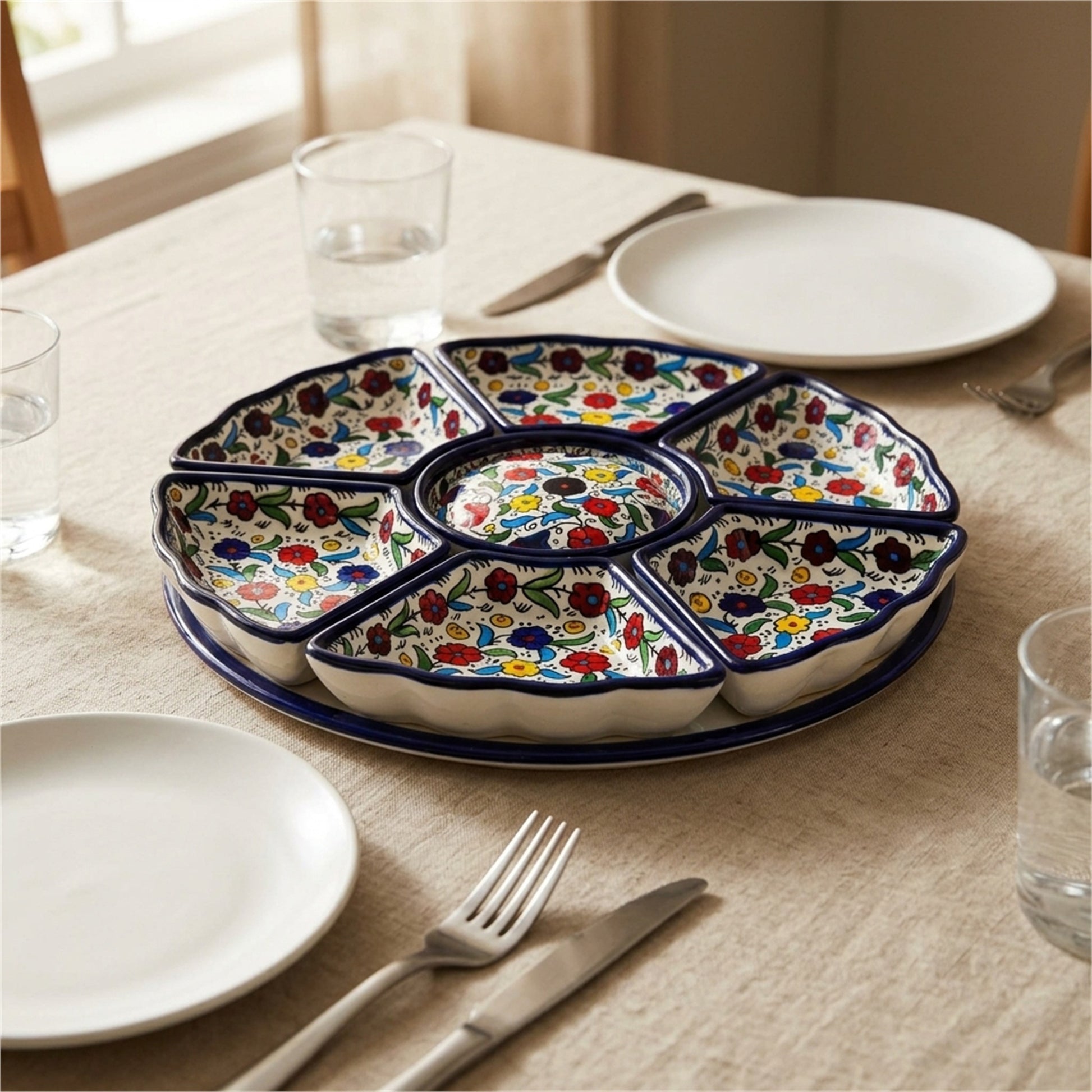 Hand-Painted Ceramic 7-Piece Serving Set 12.6 Inch in Floral, styled on a set table